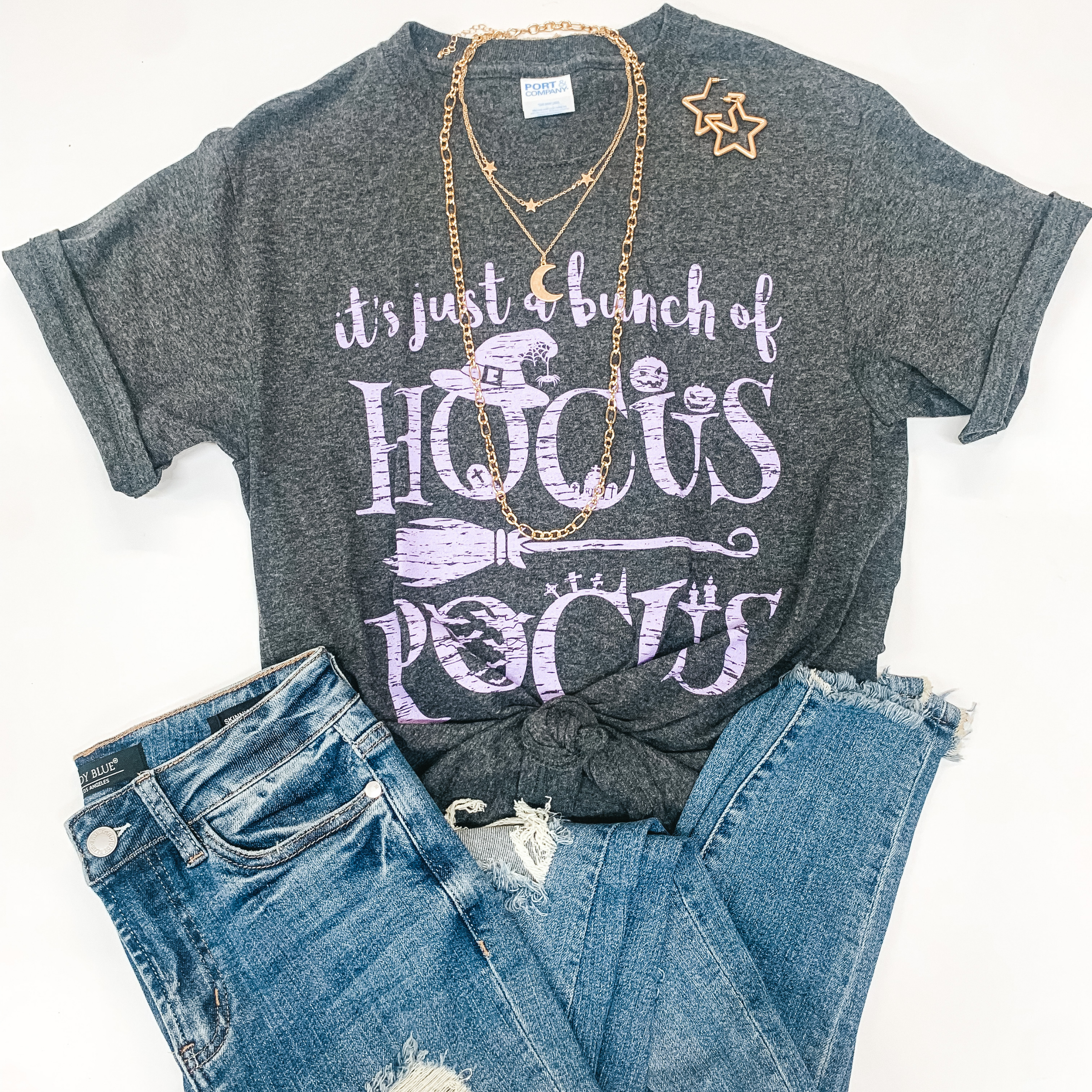 It's Just a Bunch of Hocus Pocus Short Sleeve Graphic Tee in Heather Grey - Giddy Up Glamour Boutique