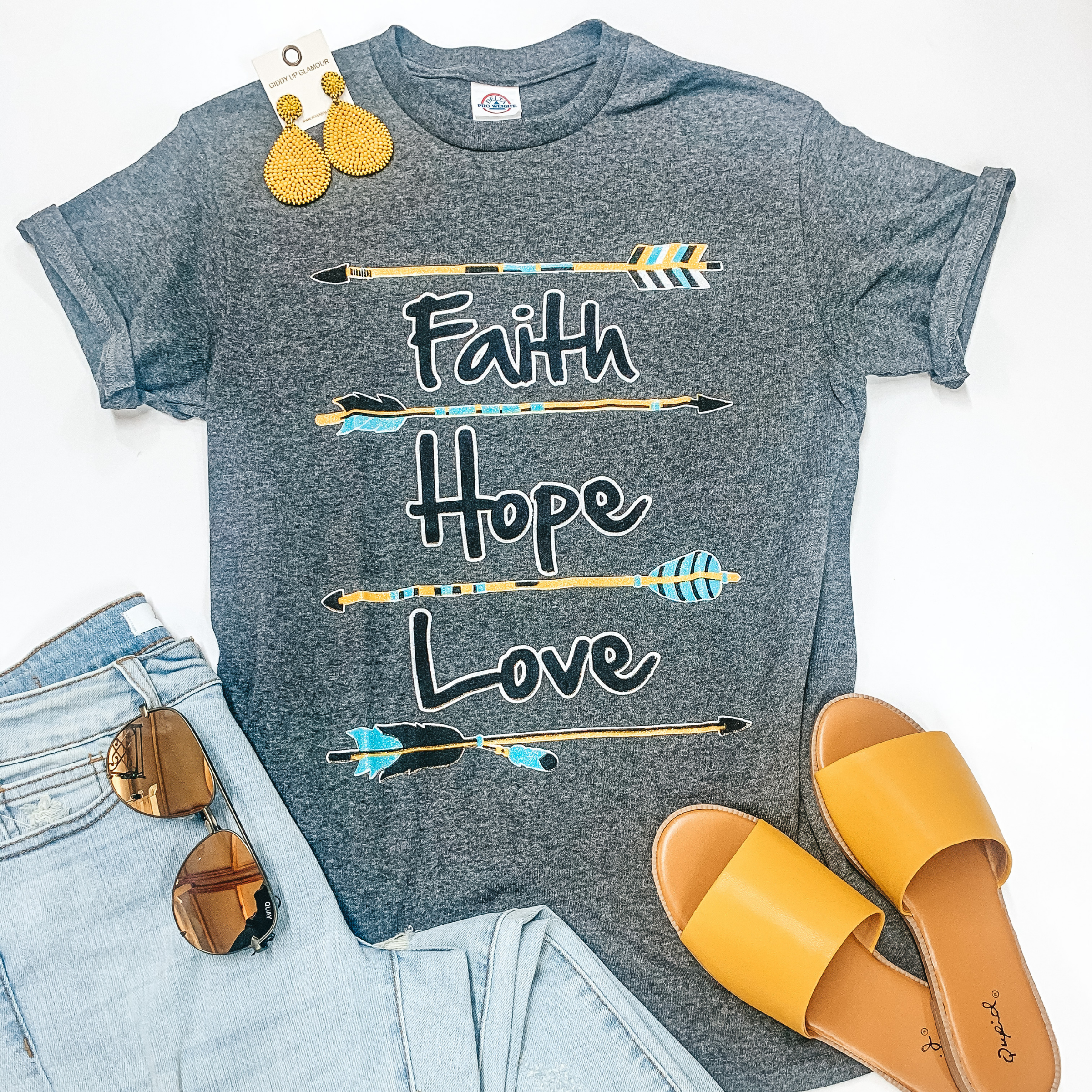 Faith, Hope, and Love Glitter Arrow Short Sleeve Graphic Tee in Heather Grey - Giddy Up Glamour Boutique