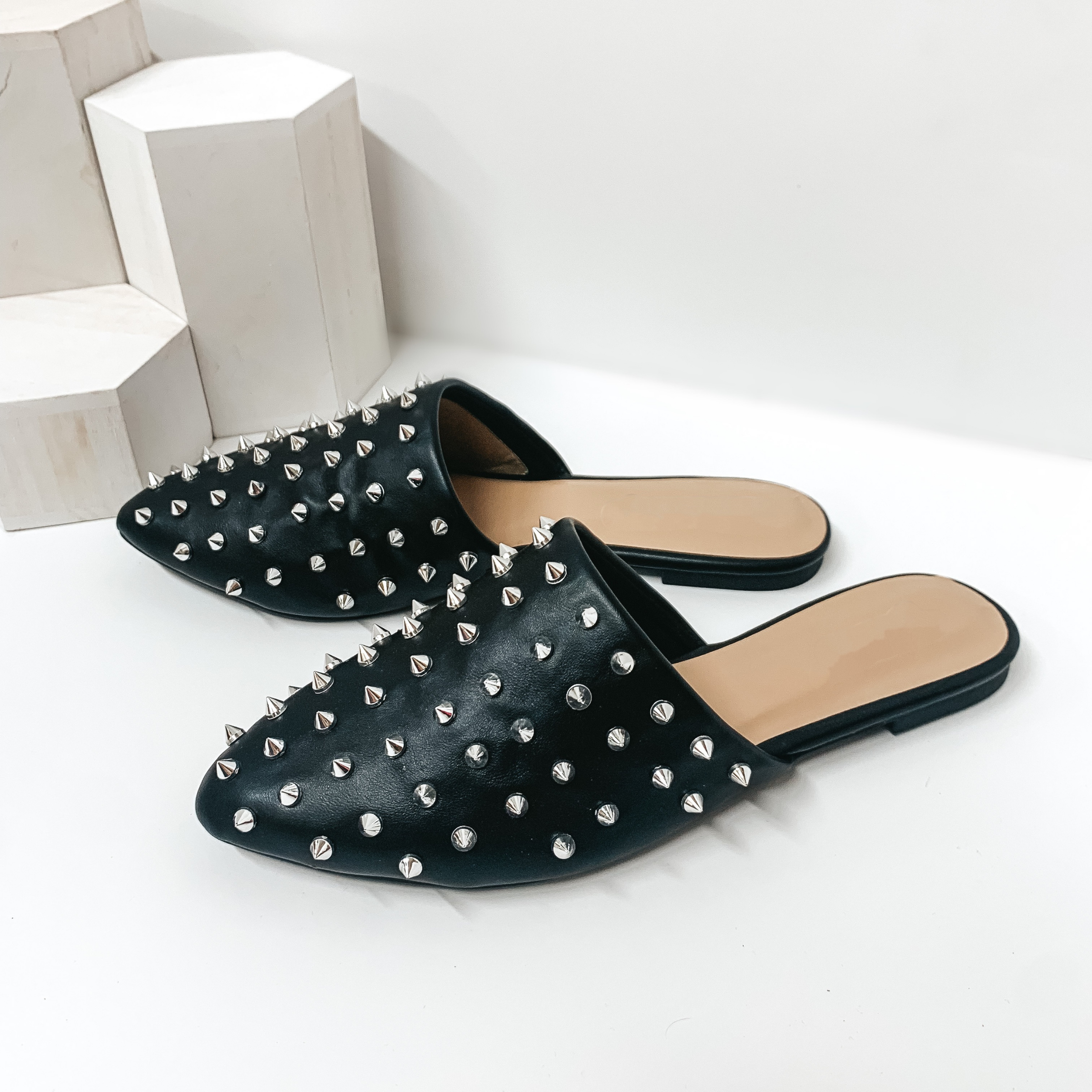 Uptown Girl Silver Spiked Slide On Mules in Black - Giddy Up Glamour Boutique