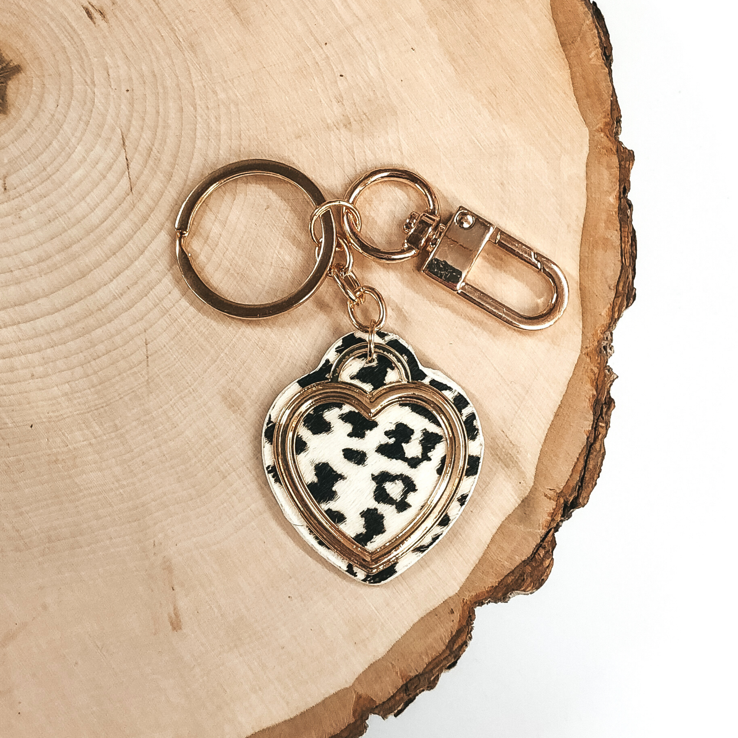 Gold Heart on Leopard Print Key Chain in White - Giddy Up Glamour Boutique