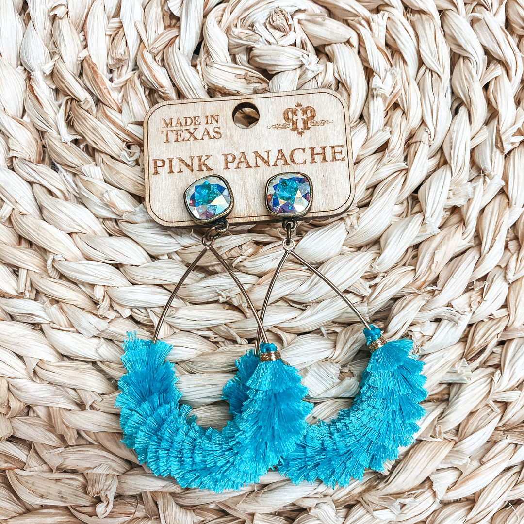 Pink Panache | Teardrop Earrings with Fringe Detailing and Clear Cushion Cut Crystal in Gold and Turquoise - Giddy Up Glamour Boutique