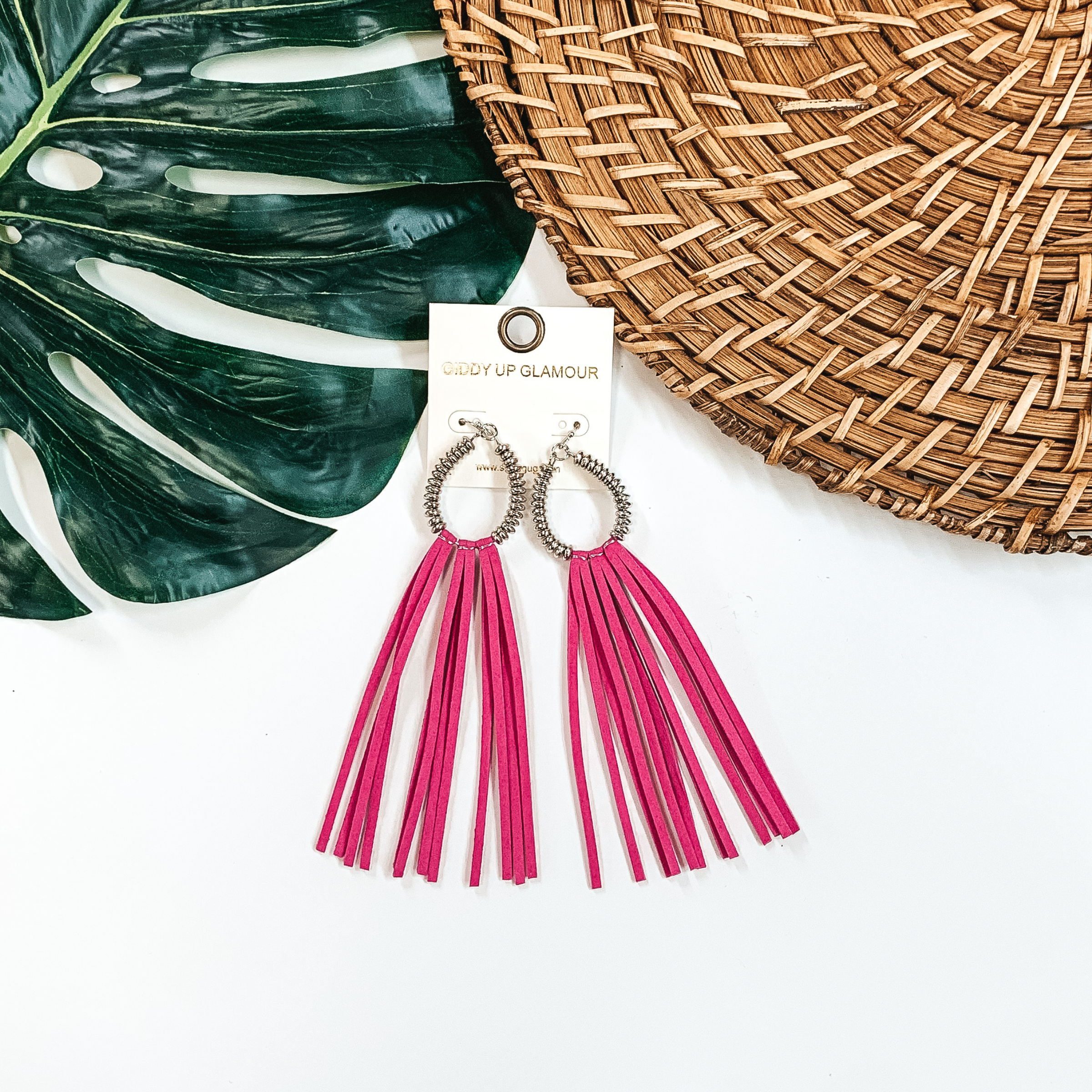 Silver Metal Beaded Hoop Earrings with Fuchsia Tassels - Giddy Up Glamour Boutique
