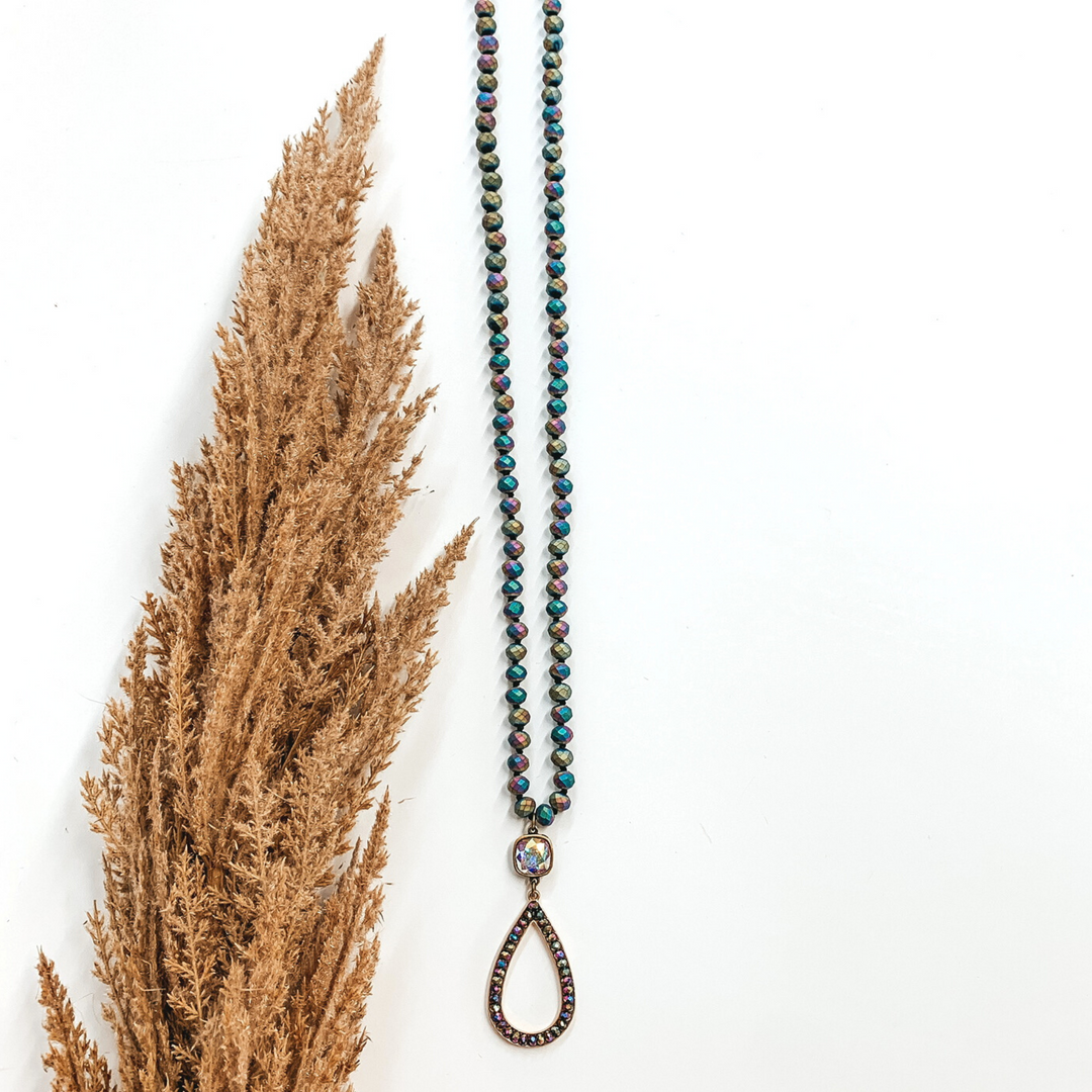 Pink Panache | Matte Rainbow Beaded Necklace with Bronze AB Cushion Cut Crystal Stud and Crystal Teardrop Pendant - Giddy Up Glamour Boutique