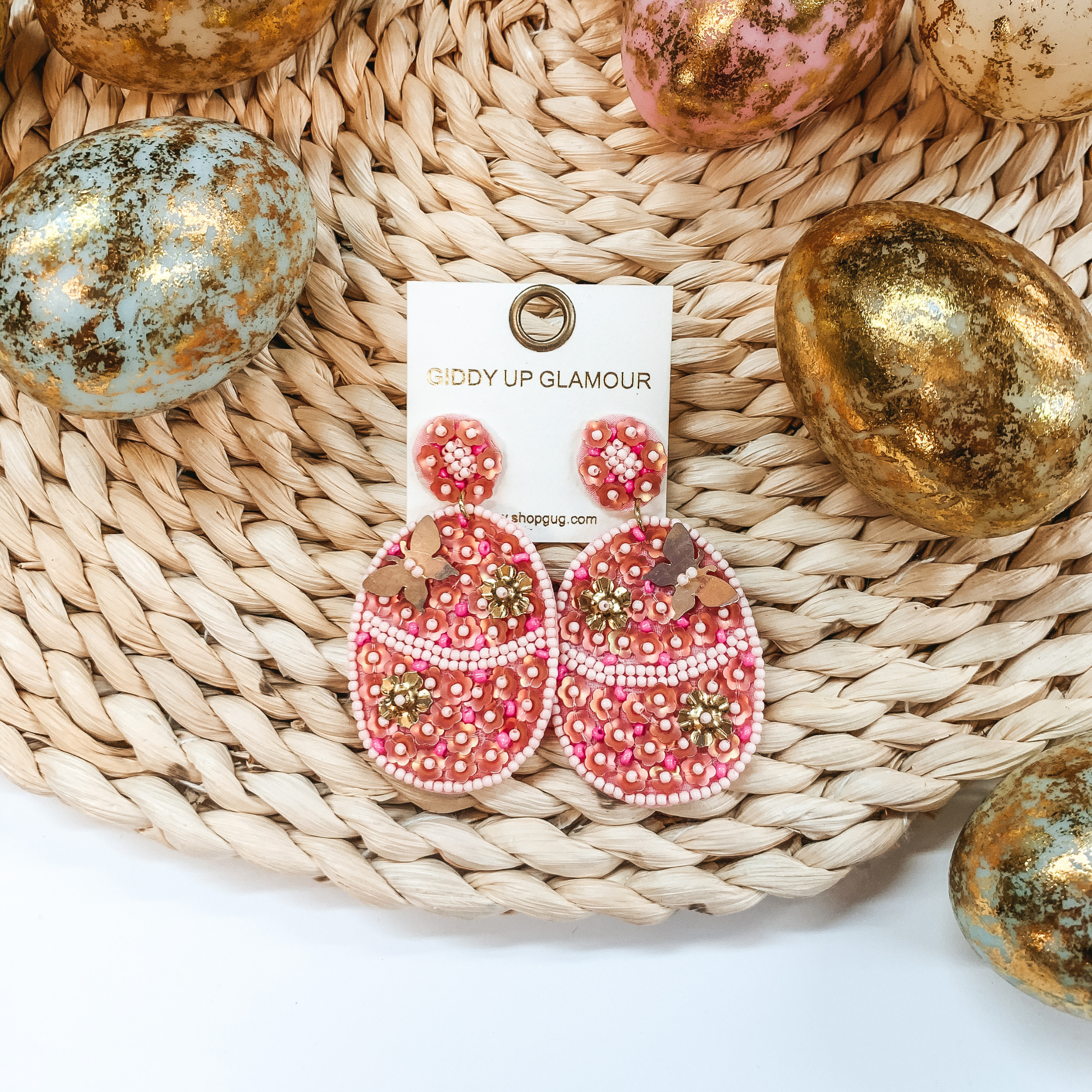Hoppy Easter Sequin Beaded Easter Egg Earrings in Blush Pink - Giddy Up Glamour Boutique