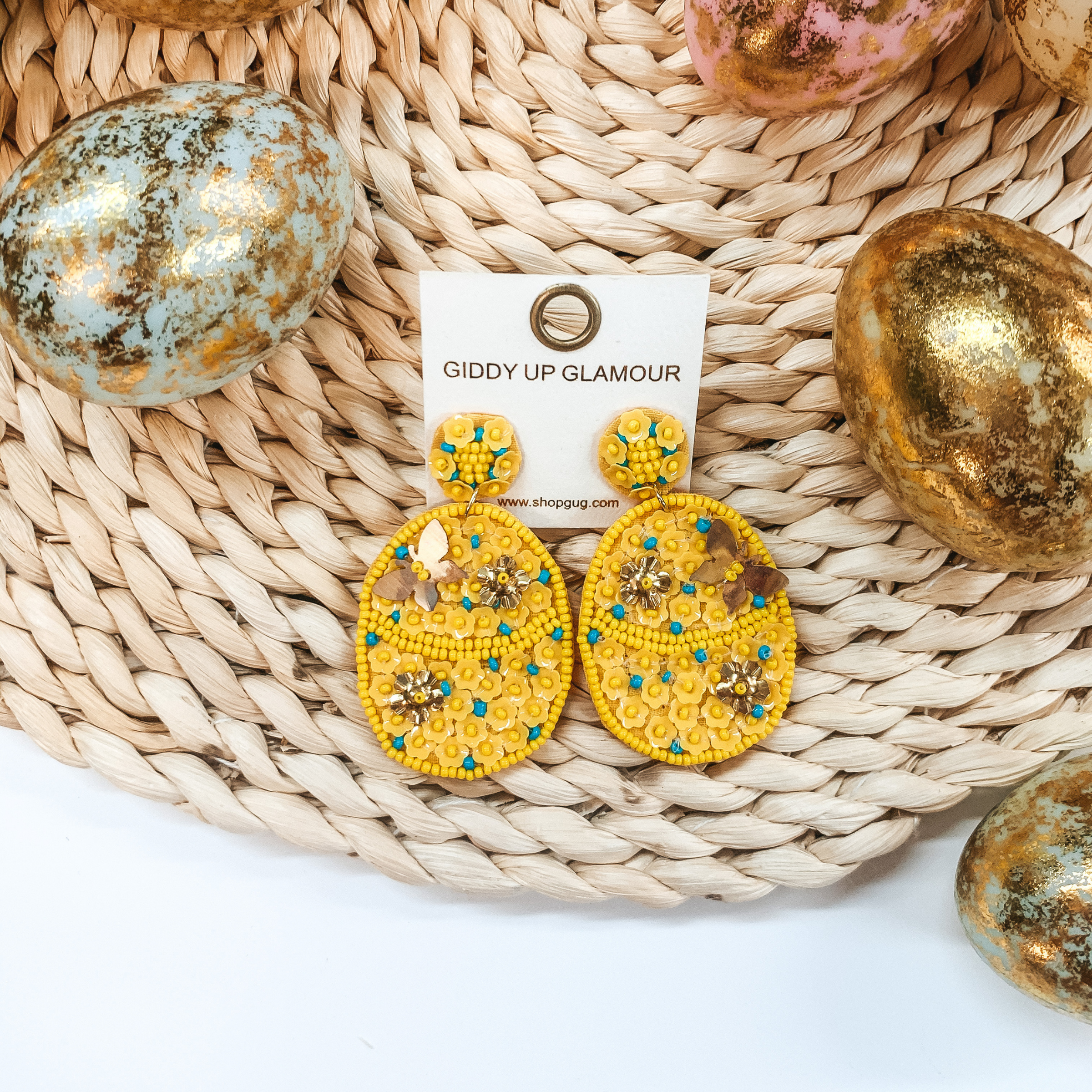 Hoppy Easter Sequin Beaded Easter Egg Earrings in Yellow - Giddy Up Glamour Boutique