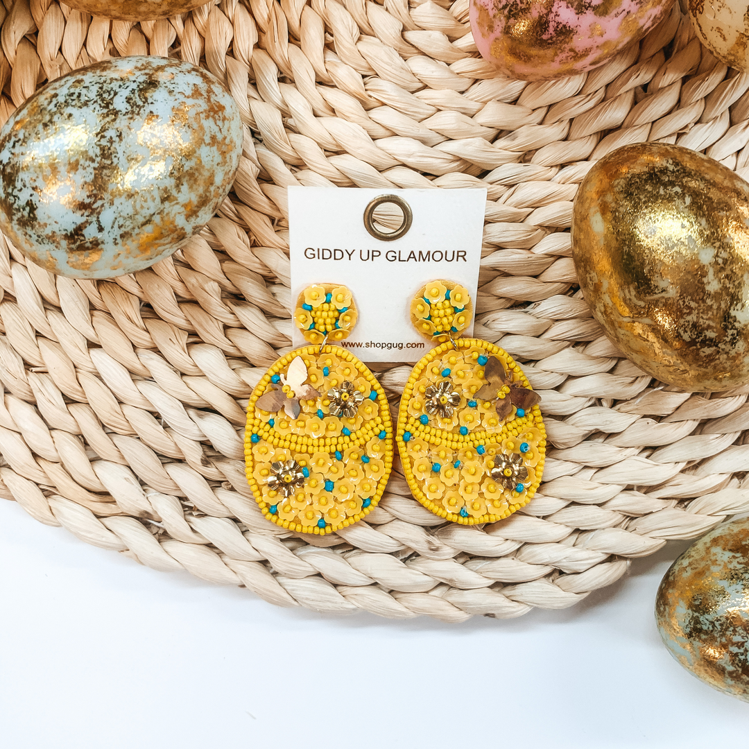 Hoppy Easter Sequin Beaded Easter Egg Earrings in Yellow - Giddy Up Glamour Boutique