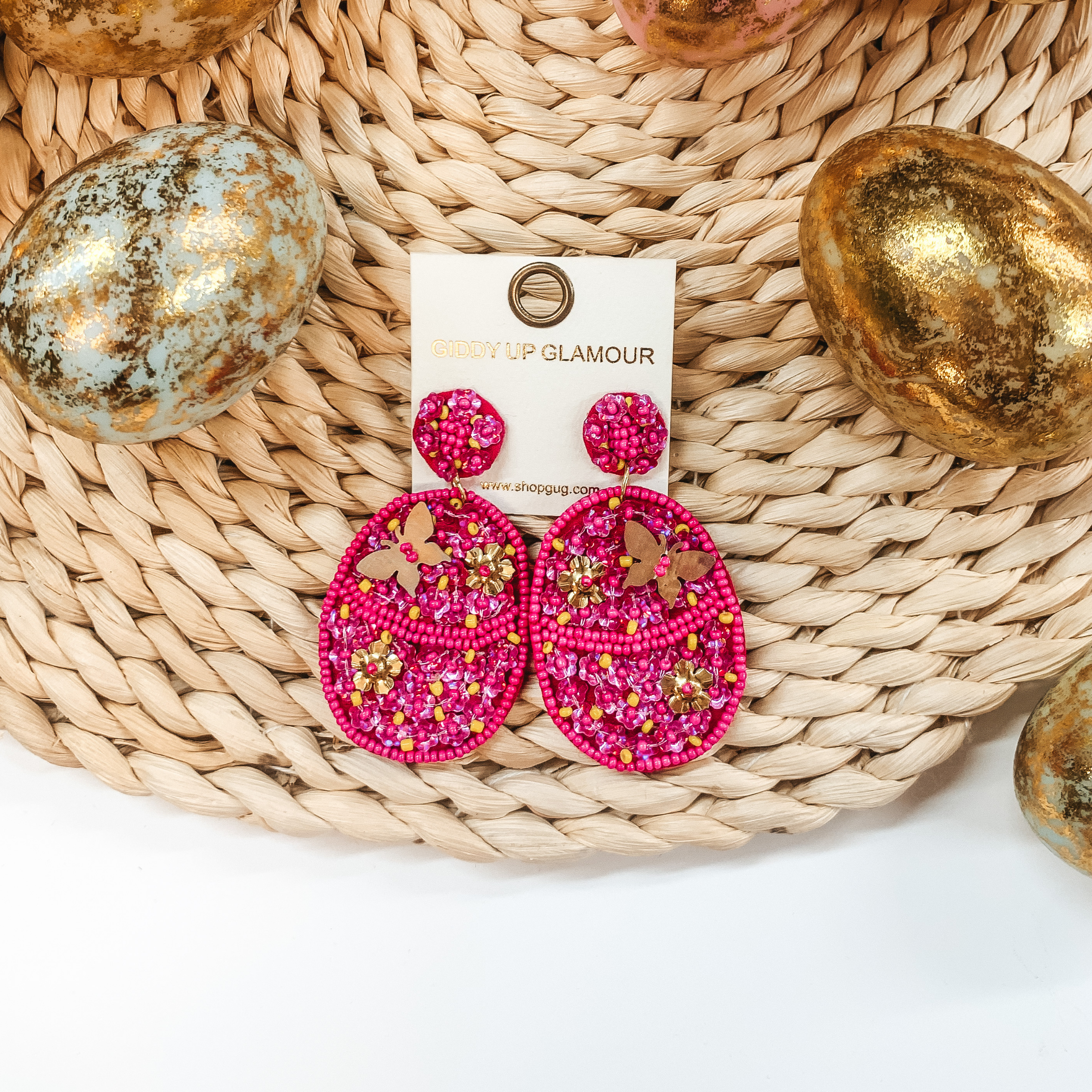 Hoppy Easter Sequin Beaded Easter Egg Earrings in Fuchsia - Giddy Up Glamour Boutique