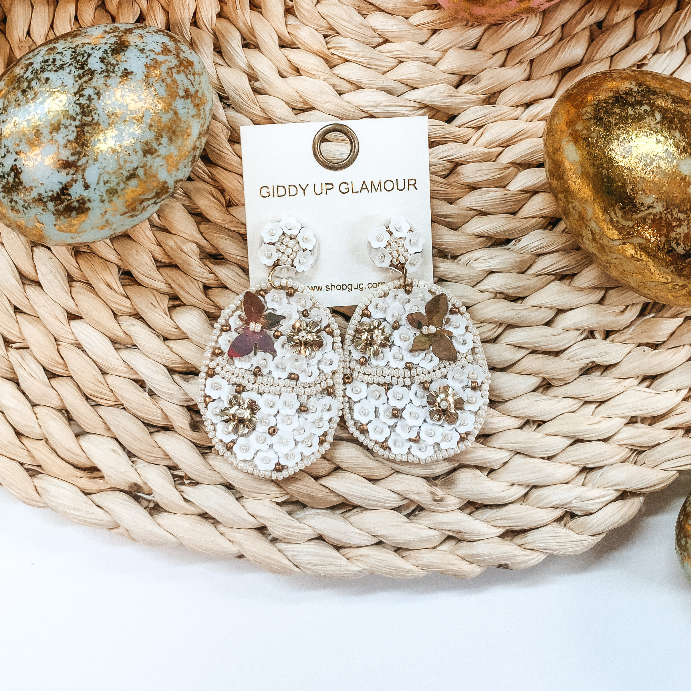 Hoppy Easter Sequin Beaded Easter Egg Earrings in White - Giddy Up Glamour Boutique