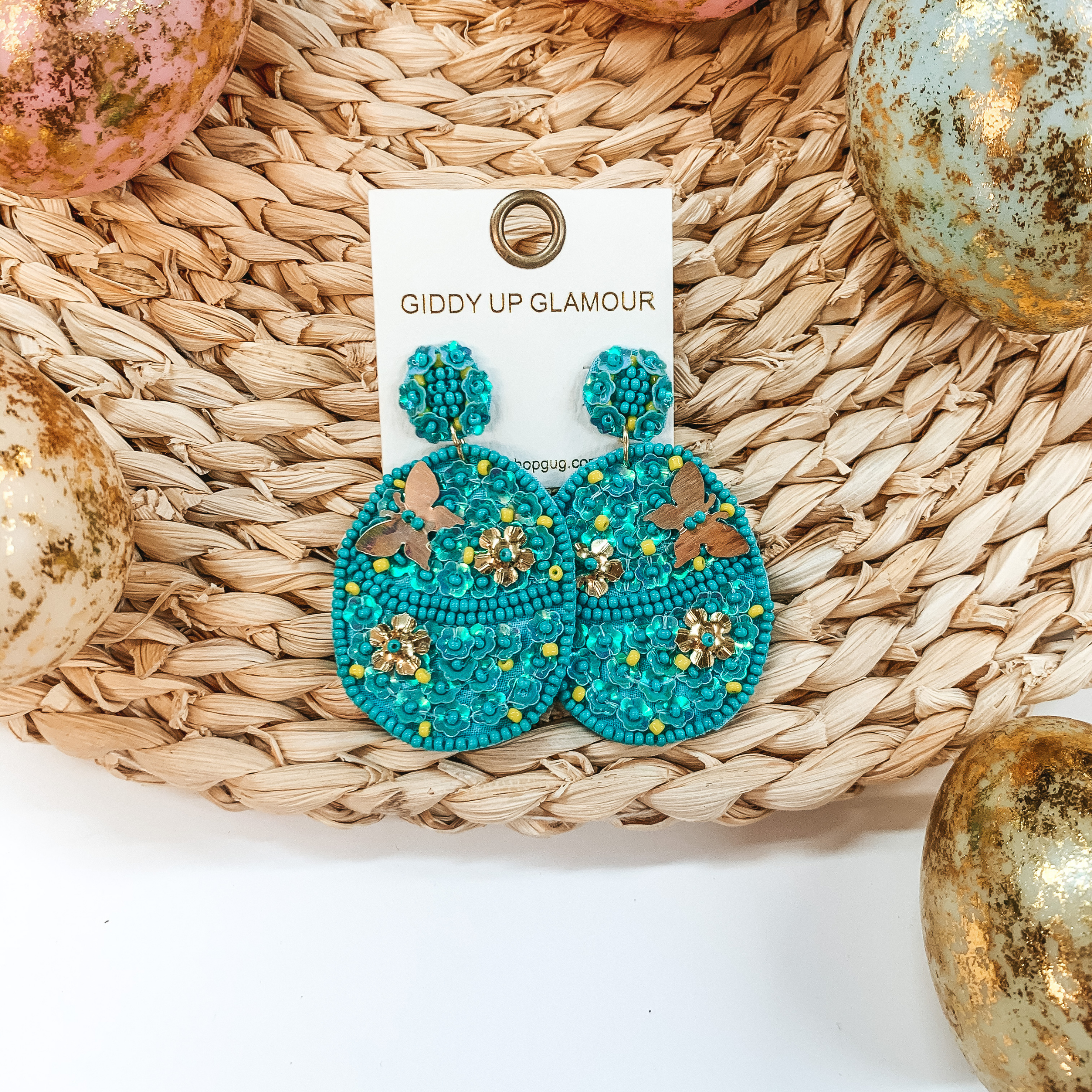 Hoppy Easter Sequin Beaded Easter Egg Earrings in Turquoise - Giddy Up Glamour Boutique