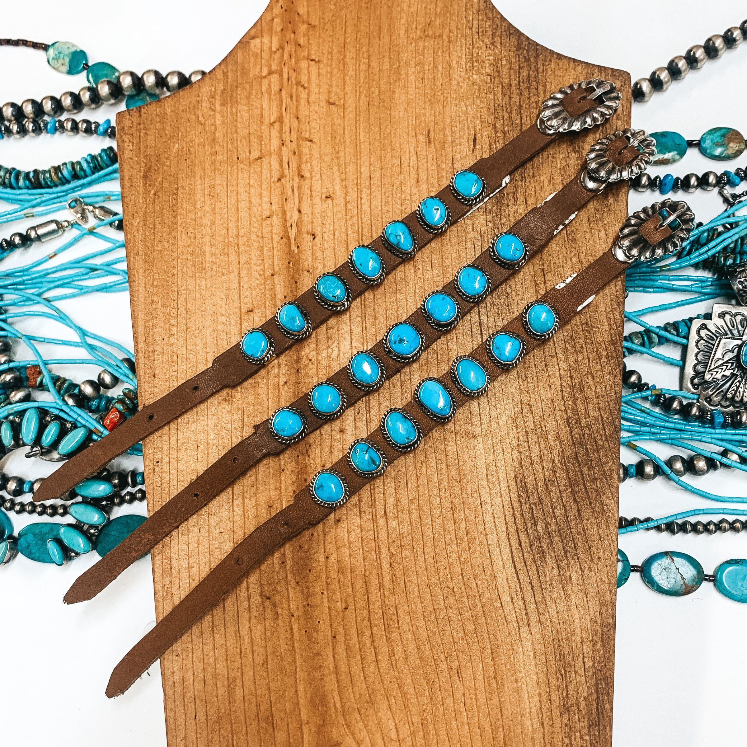 Julian Etcitty | Navajo Handmade Genuine Leather and Sterling Silver Buckle Bracelet with Seven Kingman Turquoise Stones - Giddy Up Glamour Boutique