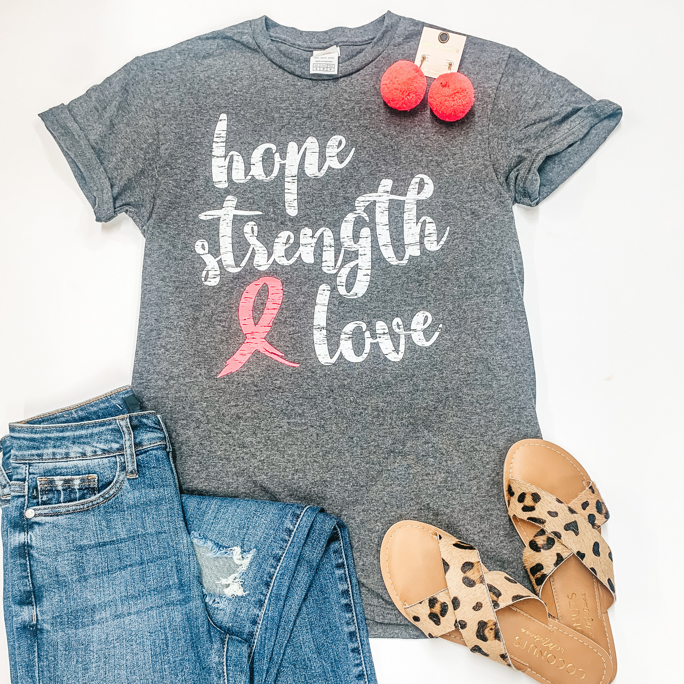 Hope, Strength, and Love Short Sleeve Graphic Tee in Grey - Giddy Up Glamour Boutique