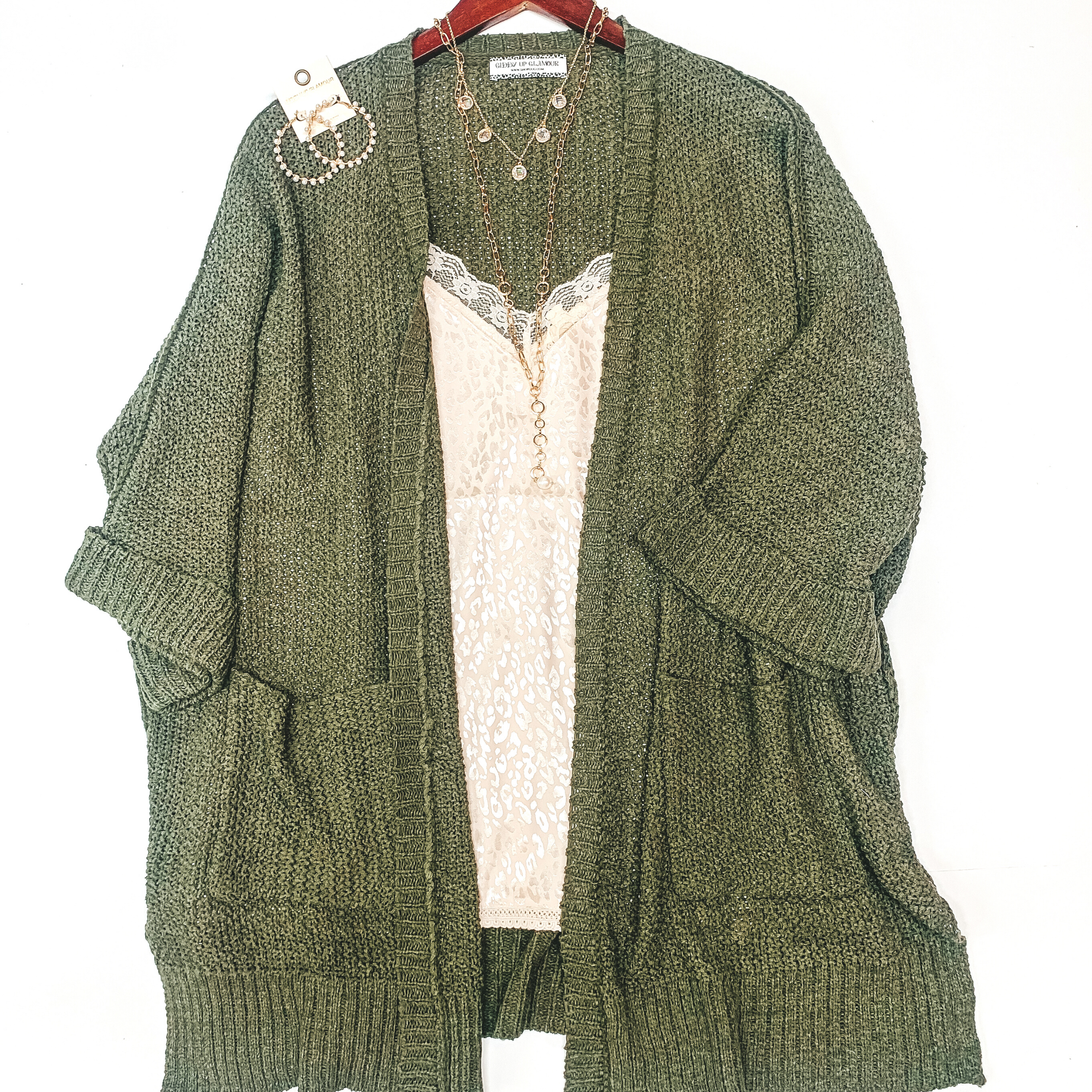 Warm Their Hearts Knit Cardigan with Pockets in Olive Green - Giddy Up Glamour Boutique