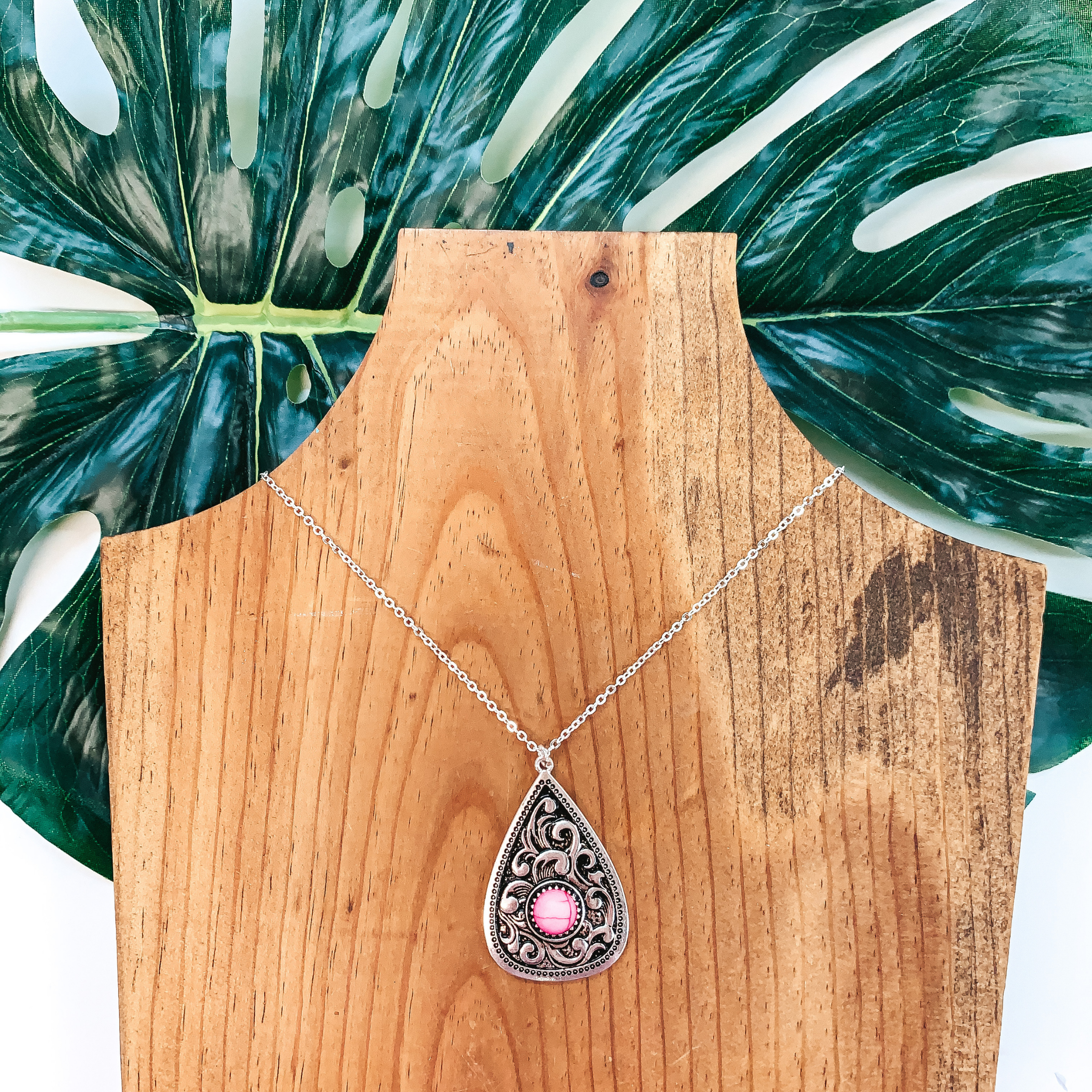 Patterned Silver Pendant Necklace In Pink - Giddy Up Glamour Boutique