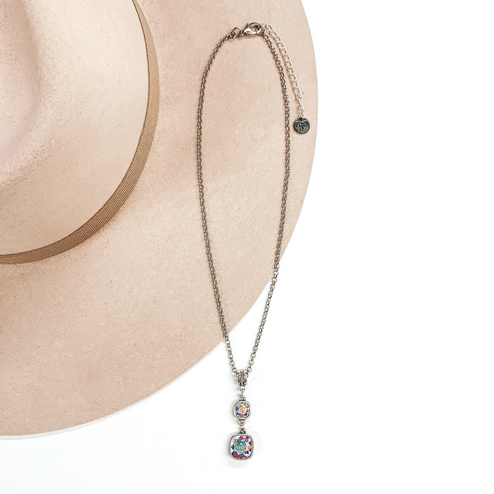 Pink Panache | Double AB Cushion Cut Drop Pendant Necklace in Silver - Giddy Up Glamour Boutique
