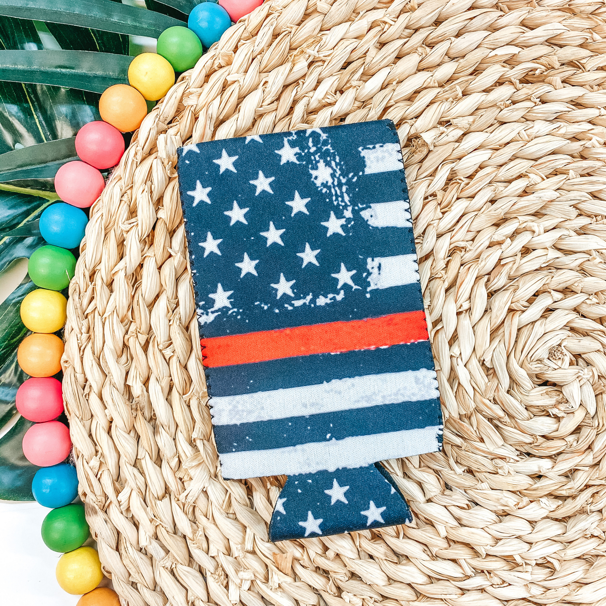 Red Line American Flag Slim Can Koozie with Red Stripe - Giddy Up Glamour Boutique