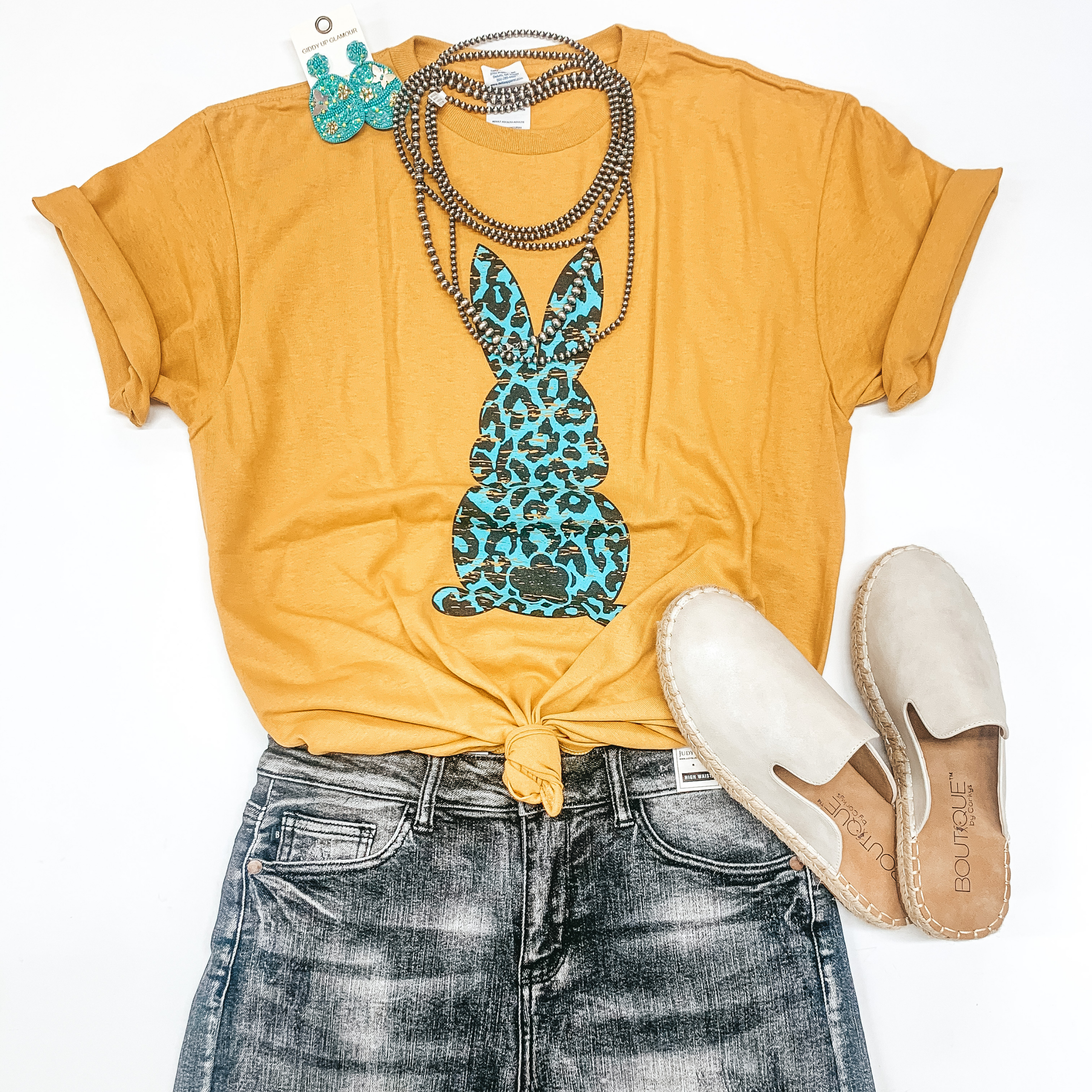 The Bunny Hop Mint Leopard Bunny Short Sleeve Graphic Tee in Mustard - Giddy Up Glamour Boutique