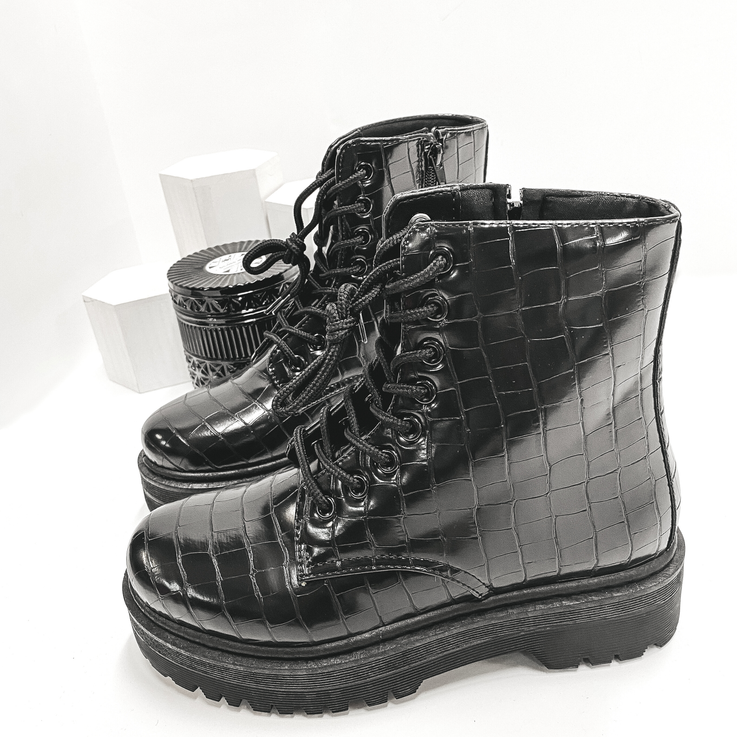 Born to be Wild Combat Boots in Black Croc