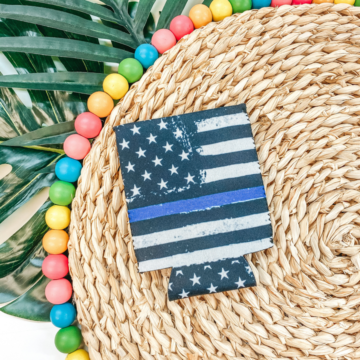 Back the Blue American Flag Koozie with Blue Line - Giddy Up Glamour Boutique