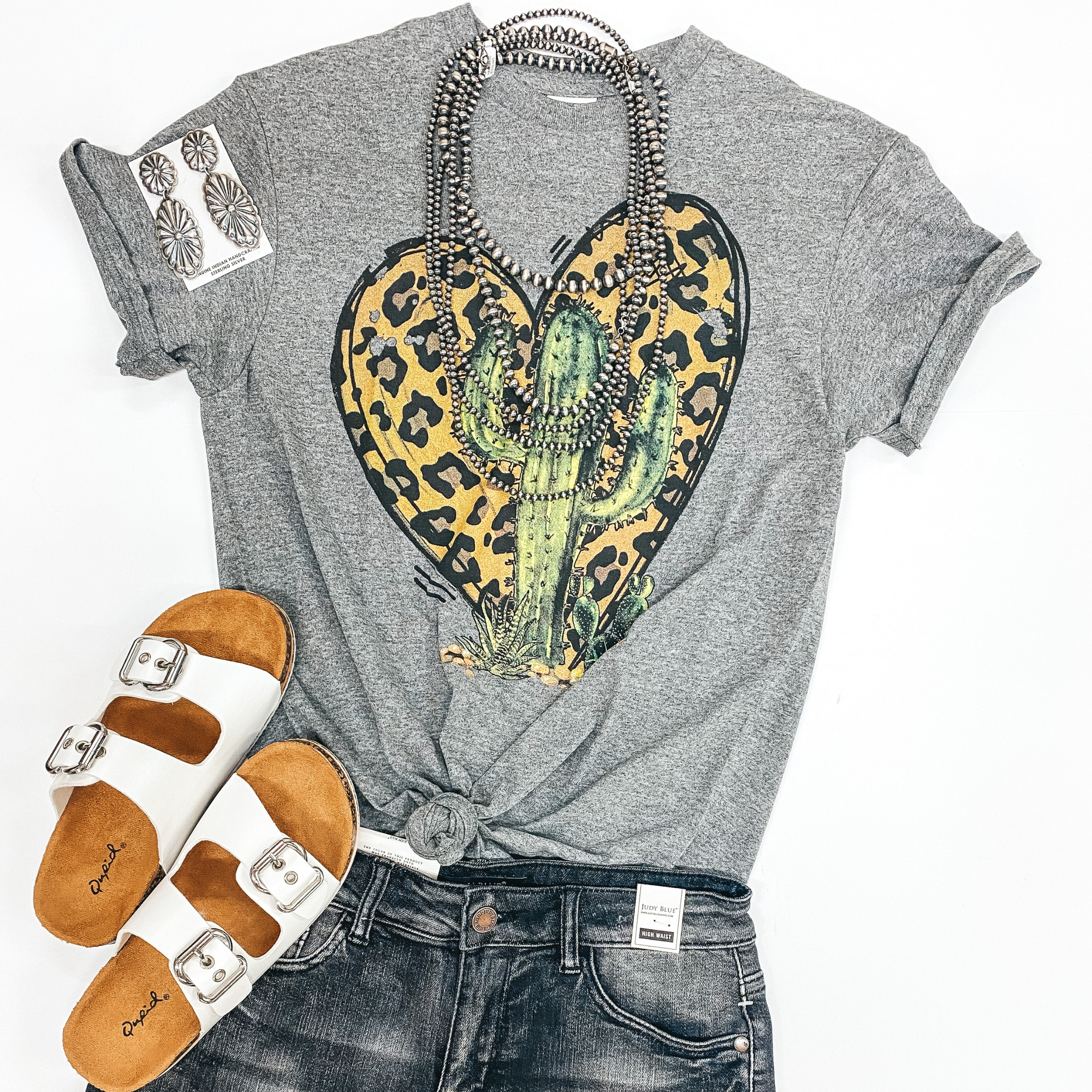 Desert Love Leopard Print Heart and Cactus Short Sleeve Graphic Tee in Grey - Giddy Up Glamour Boutique