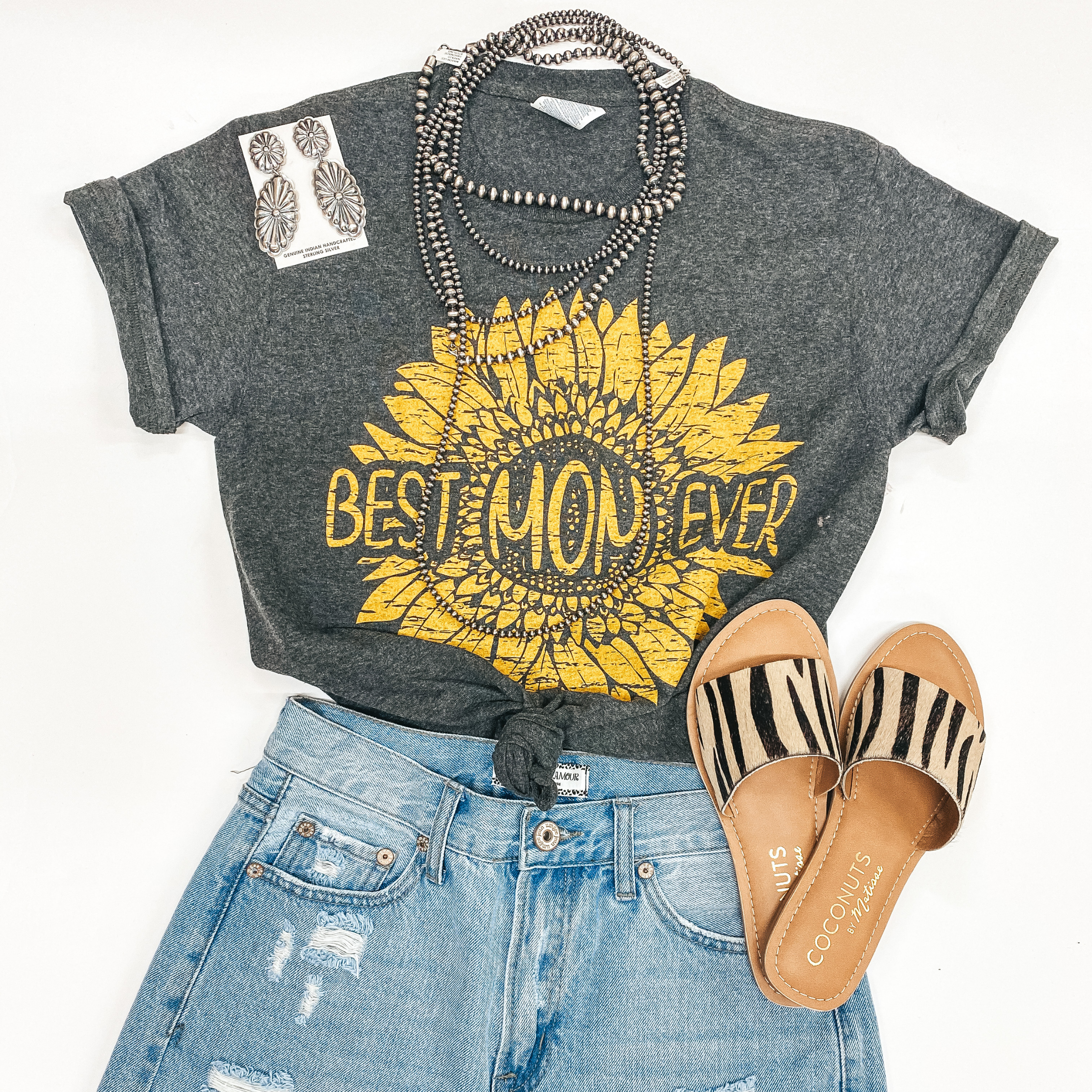 Best Mom Ever Sunflower Short Sleeve Graphic Tee in Grey - Giddy Up Glamour Boutique