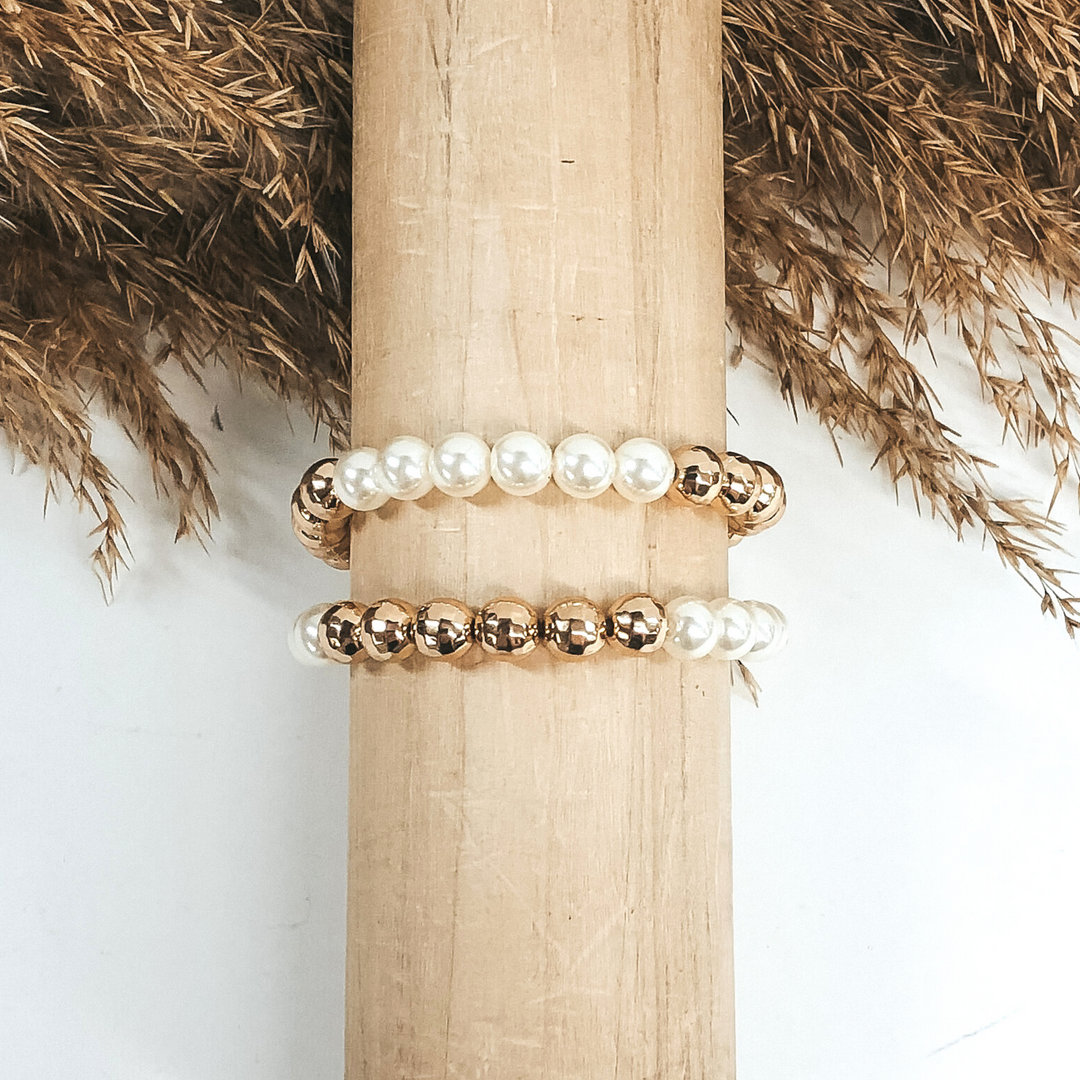 Gold and white Beaded Bracelet with Toggle Clasp - Giddy Up Glamour Boutique