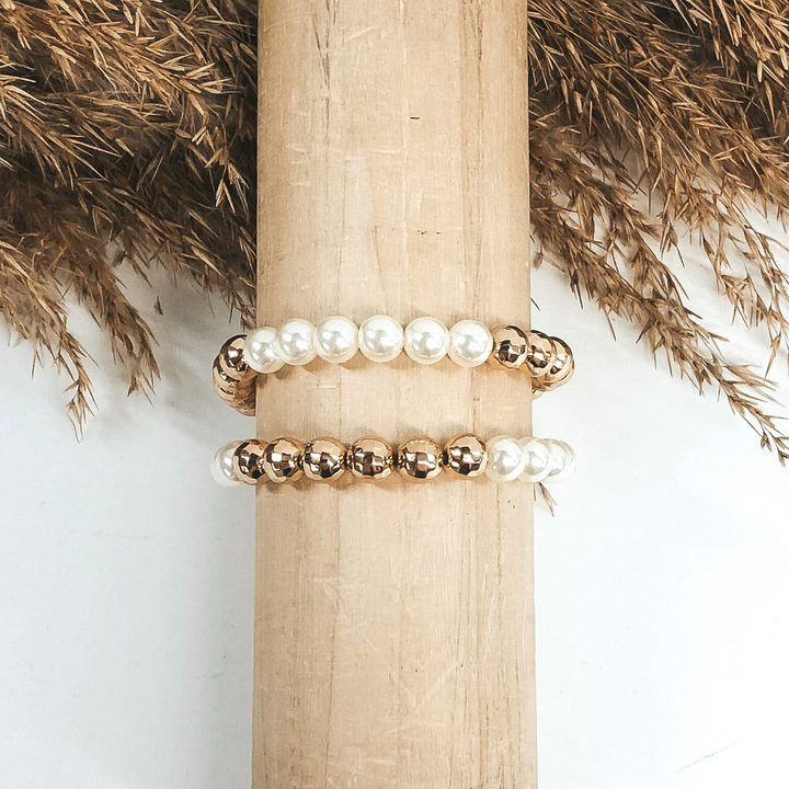 Gold and white Beaded Bracelet with Toggle Clasp - Giddy Up Glamour Boutique