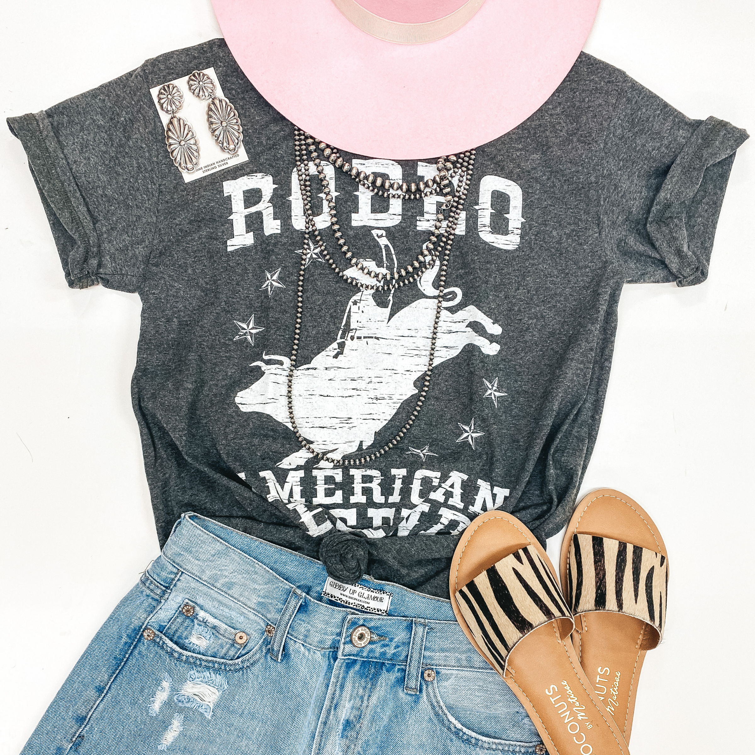 Rodeo American Legend Bucking Bull Short Sleeve Graphic Tee in Grey - Giddy Up Glamour Boutique