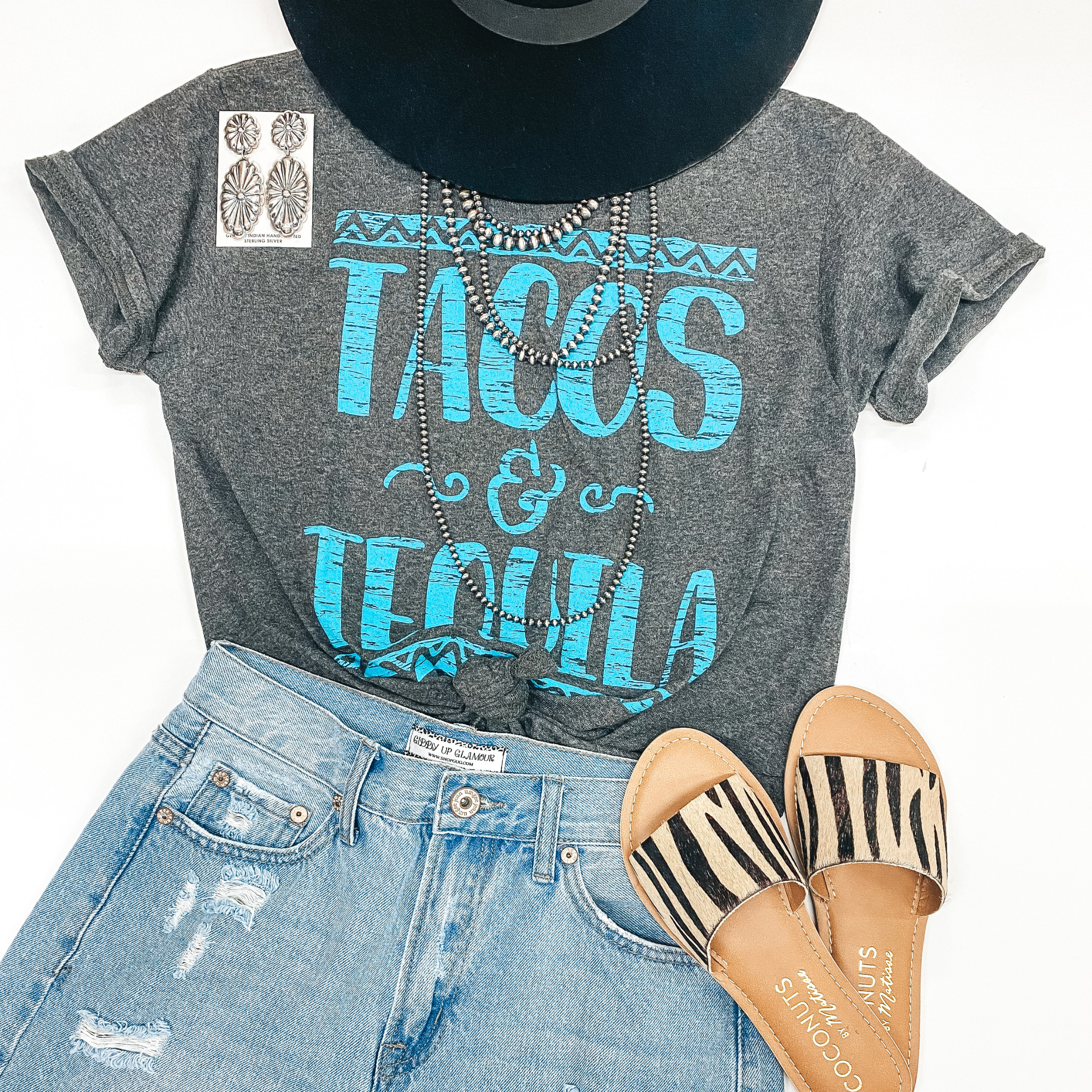 Tacos and Tequila Short Sleeve Graphic Tee in Grey - Giddy Up Glamour Boutique