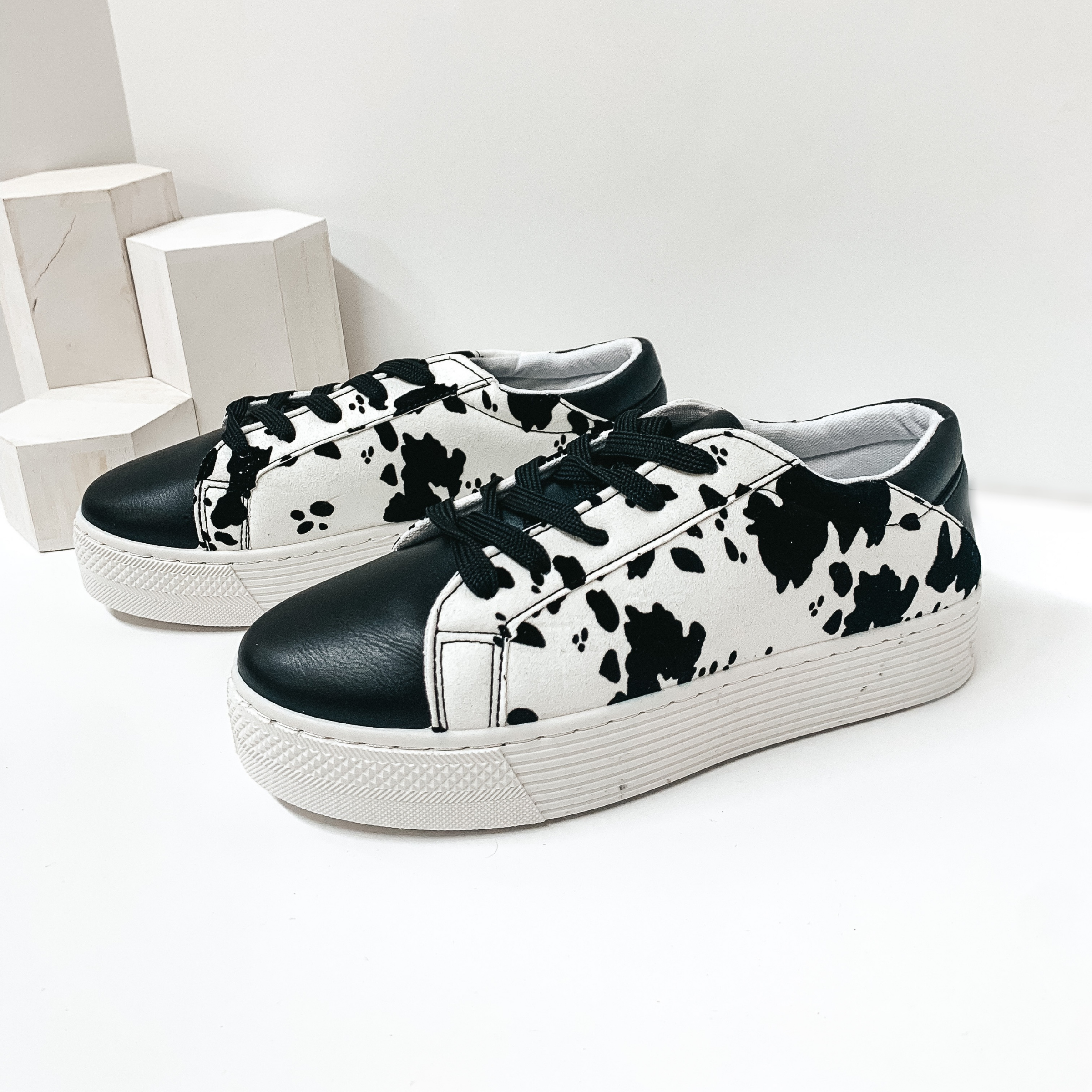 Casually Chic Lace Up Platform Sneakers in Cow Print - Giddy Up Glamour Boutique