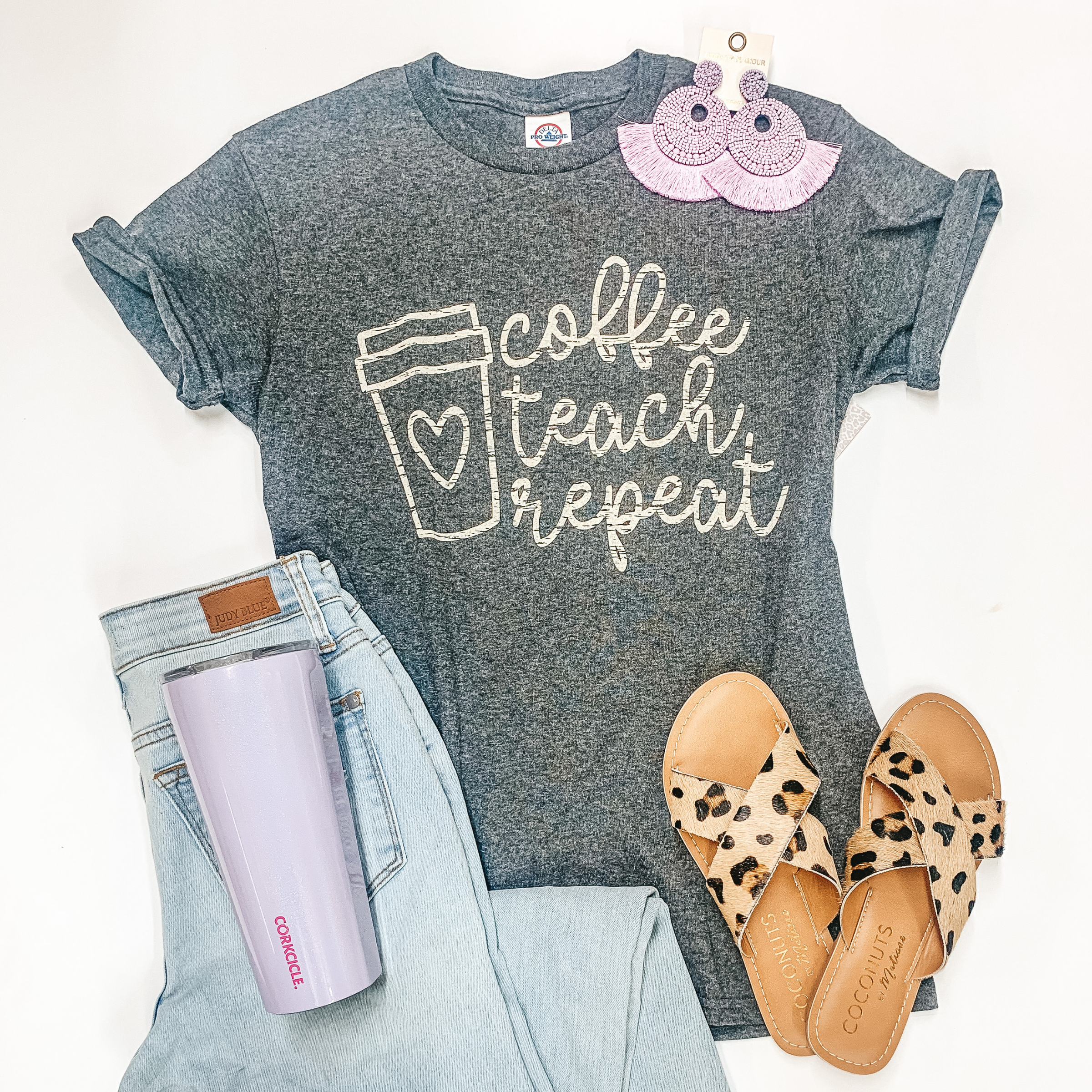 Coffee, Teach, Repeat Short Sleeve Graphic Tee in Heather Grey - Giddy Up Glamour Boutique