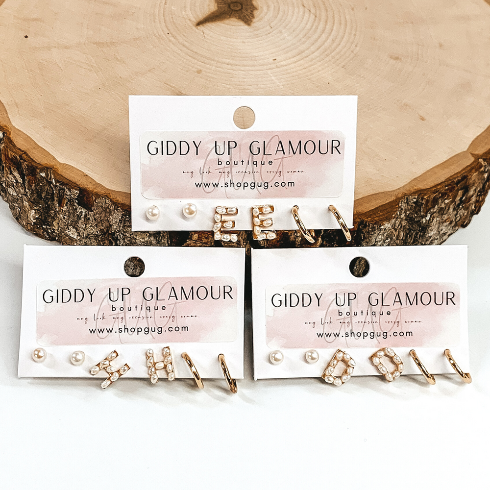 Gold Tone Pearl Initial Earring Set - Giddy Up Glamour Boutique