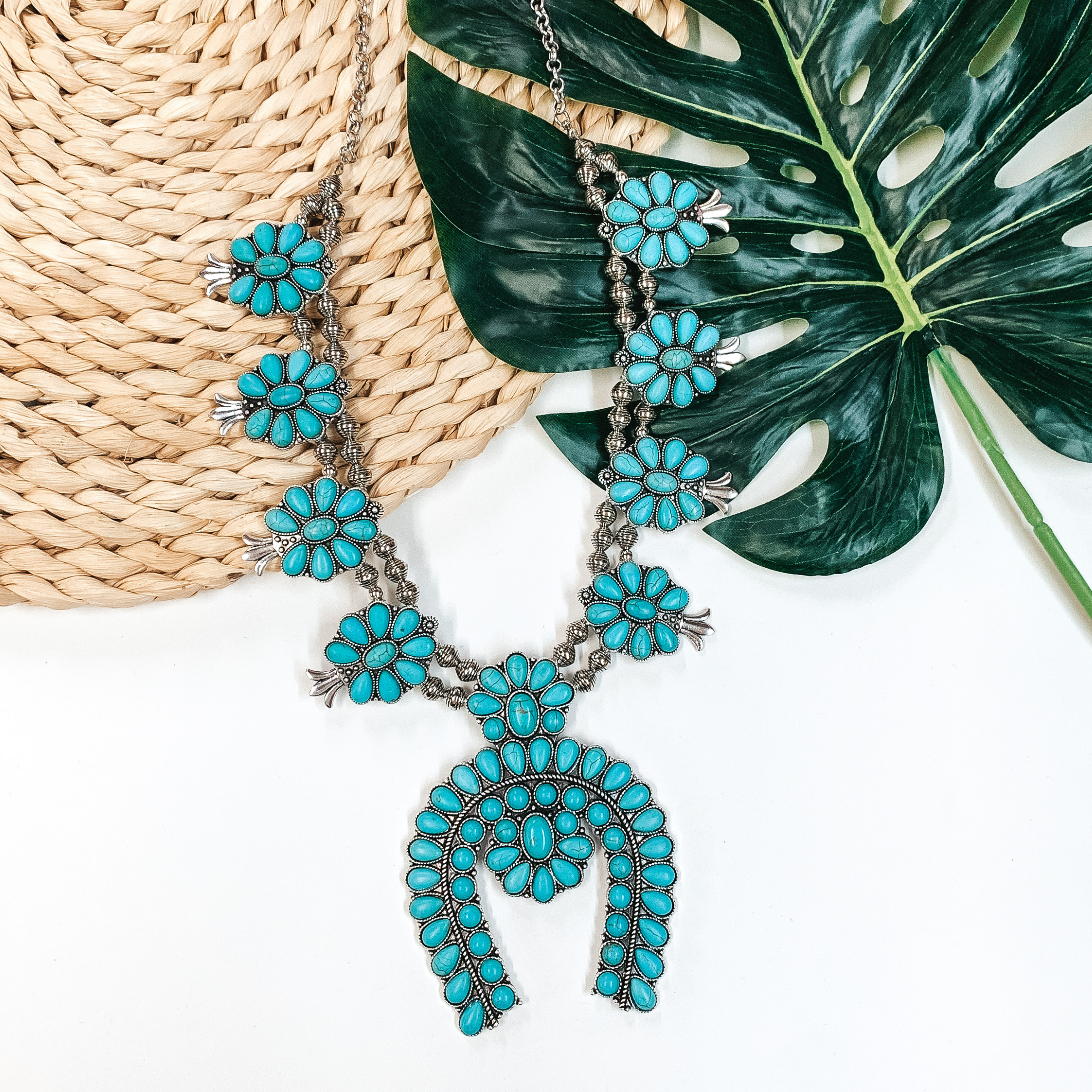 Turquoise and Silver Statement Squash Blossom Necklace - Giddy Up Glamour Boutique