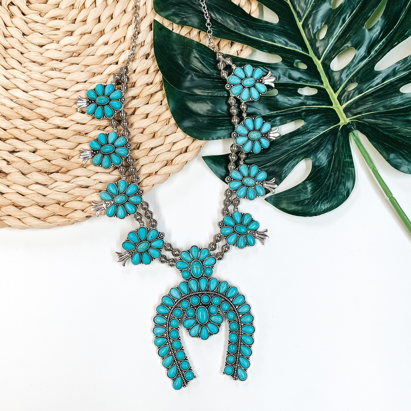 Turquoise and Silver Statement Squash Blossom Necklace