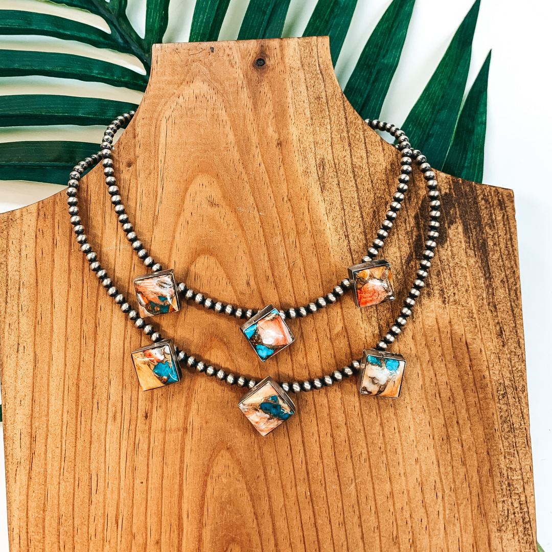 Elouise Kee | Navajo Handmade 4mm 14 inch Navajo Pearl Necklace with 3 Diamond Remix Spiny Oyster and Turquoise Stones - Giddy Up Glamour Boutique