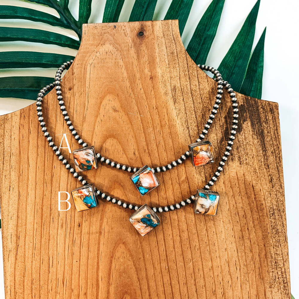 Elouise Kee | Navajo Handmade 4mm 14 inch Navajo Pearl Necklace with 3 Diamond Remix Spiny Oyster and Turquoise Stones - Giddy Up Glamour Boutique