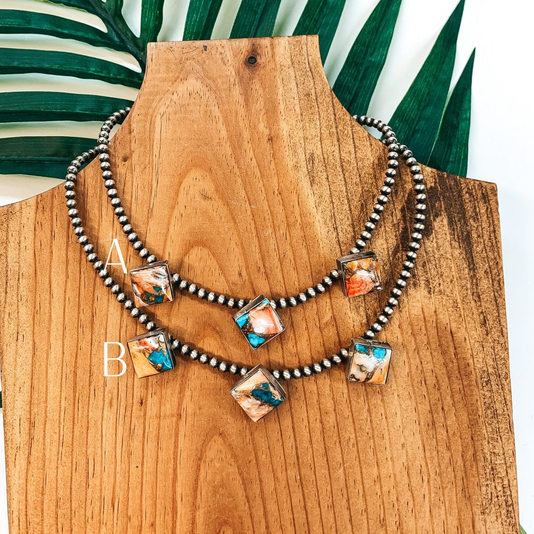 Elouise Kee | Navajo Handmade 4mm 14 inch Navajo Pearl Necklace with 3 Diamond Remix Spiny Oyster and Turquoise Stones - Giddy Up Glamour Boutique