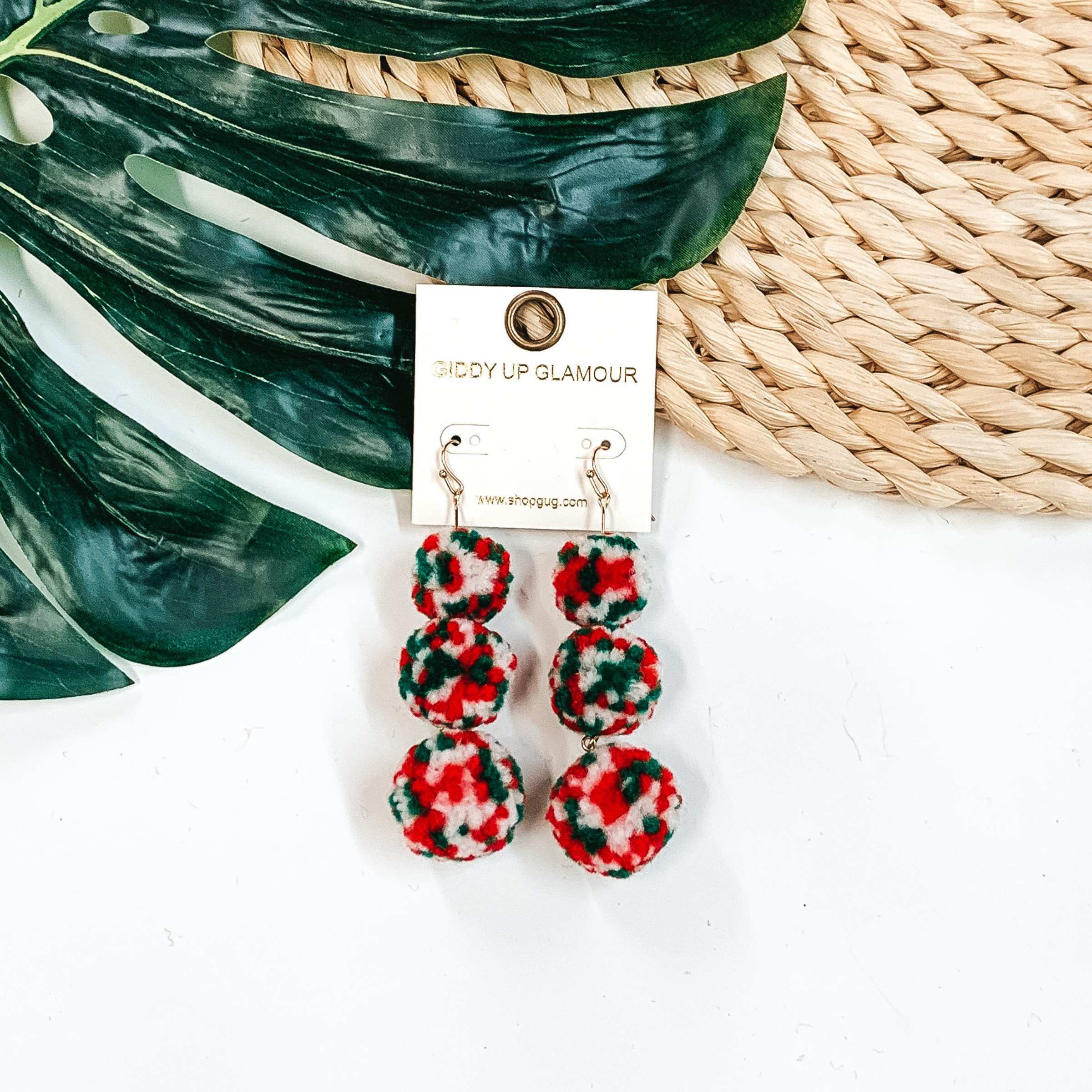 Three Tiered Pom Pom Dangle Earrings in Red/Green - Giddy Up Glamour Boutique