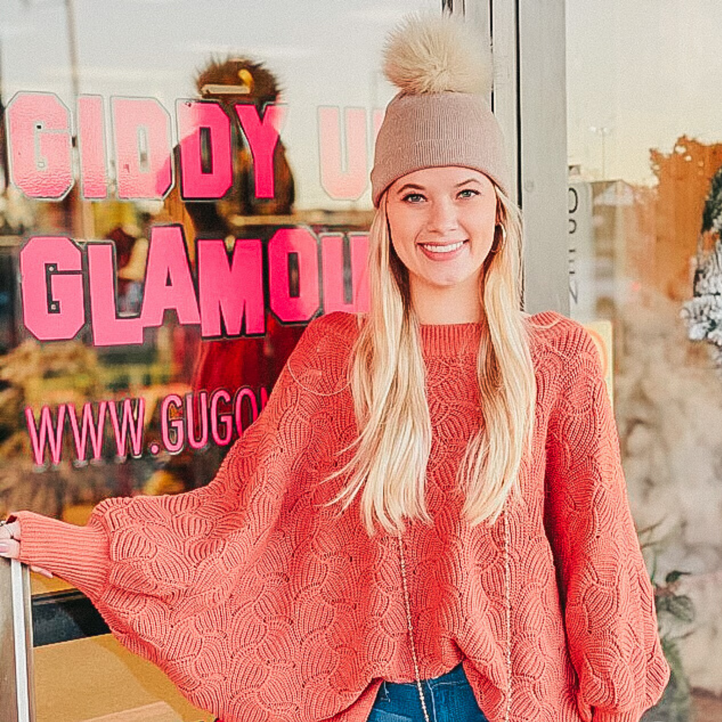 Taupe Sparkle Beanie with Pom - Giddy Up Glamour Boutique