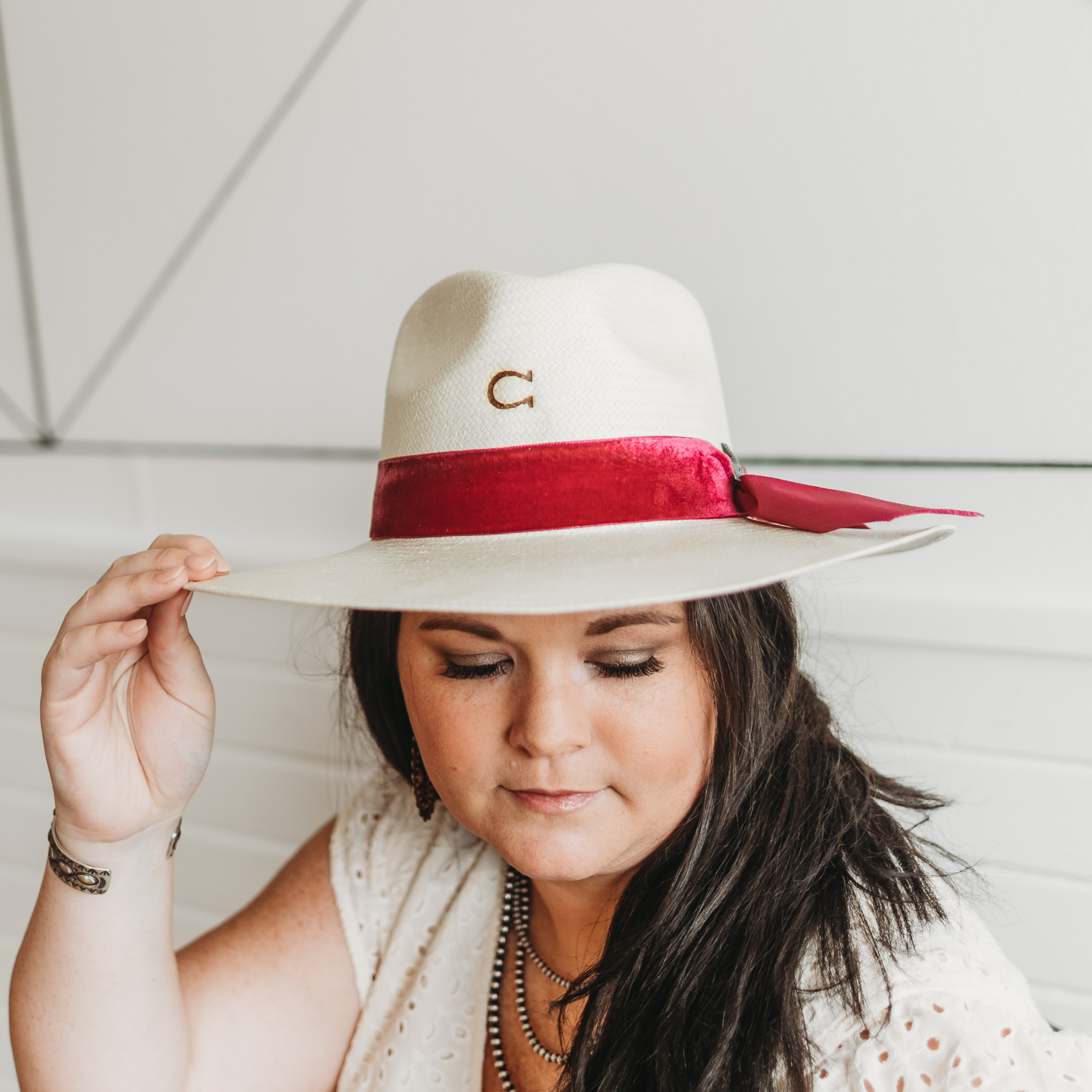 Charlie 1 Horse | Truth Straw Hat with Burgundy Velvet Ribbon Band and Barbosa Cross Concho Pin - Giddy Up Glamour Boutique