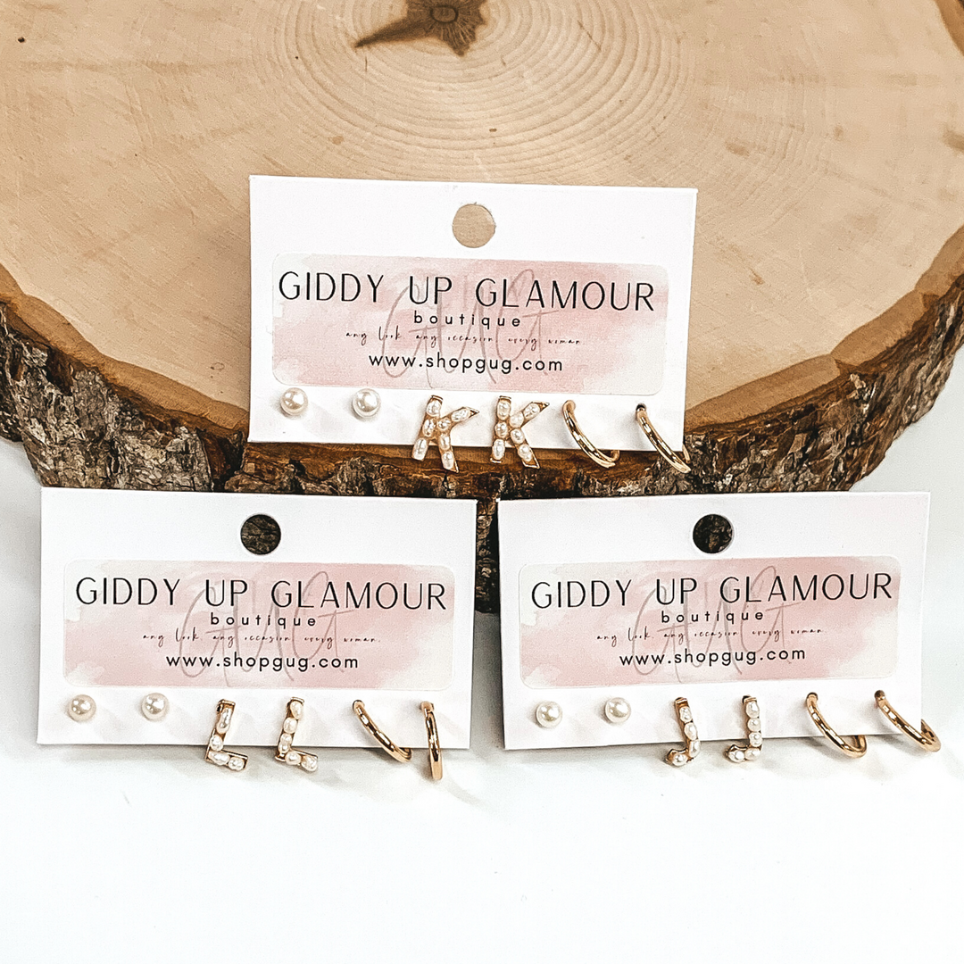 Gold Tone Pearl Initial Earring Set - Giddy Up Glamour Boutique