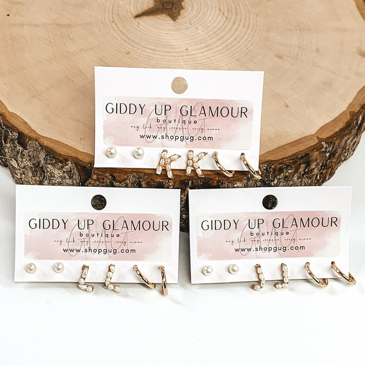Gold Tone Pearl Initial Earring Set - Giddy Up Glamour Boutique