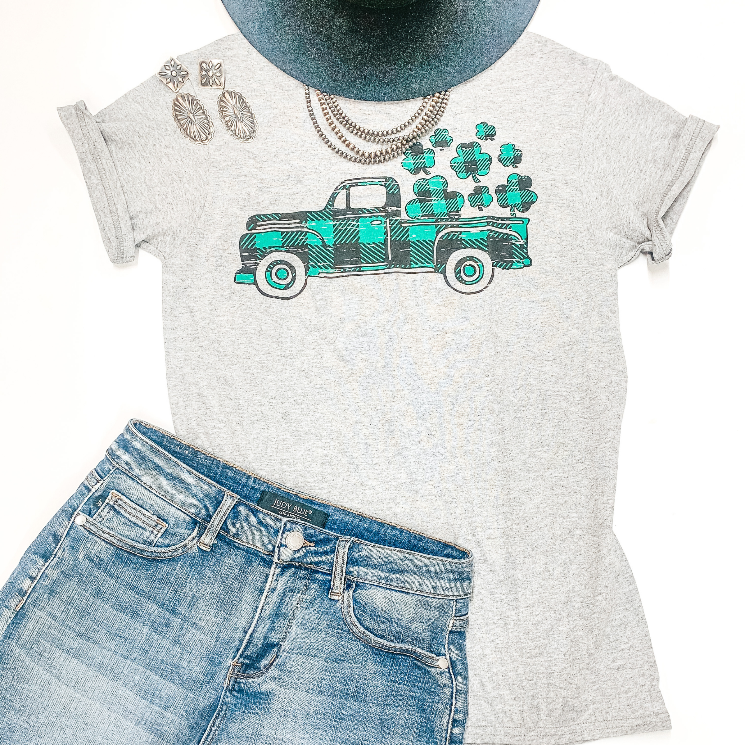 Take My Luck For A Ride Buffalo Plaid Pickup Truck with Clovers Graphic Tee in Heather Grey - Giddy Up Glamour Boutique