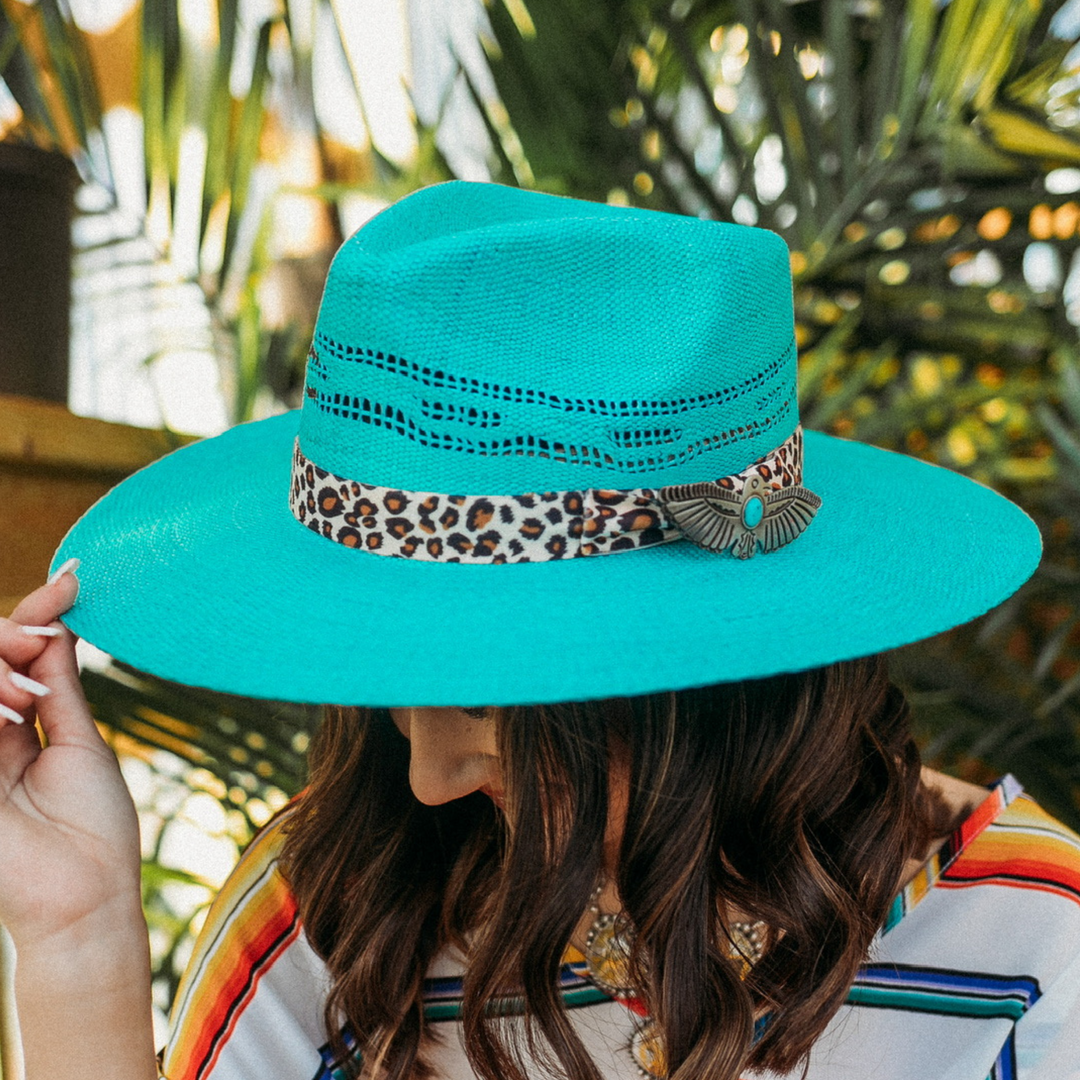 Charlie 1 Horse | Right Meow Straw Stiff Brim Hat with Leopard Band in Turquoise - Giddy Up Glamour Boutique