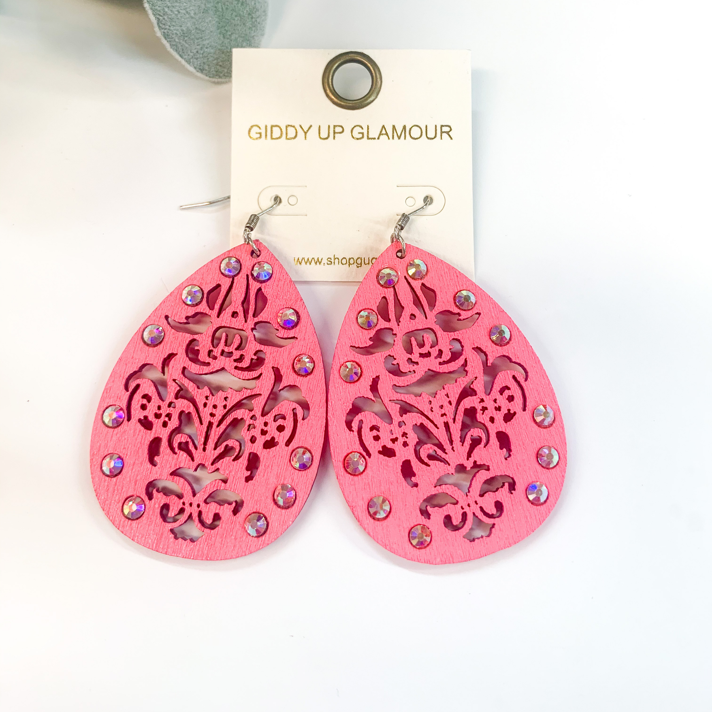 Chic Wooden Teardrop Earrings in Neon Pink with AB Crystals - Giddy Up Glamour Boutique