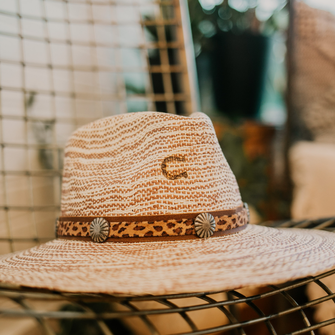 Charlie 1 Horse | Prowlin' Round Stiff Brim Straw Hat with Leopard Band and Concho Studs - Giddy Up Glamour Boutique