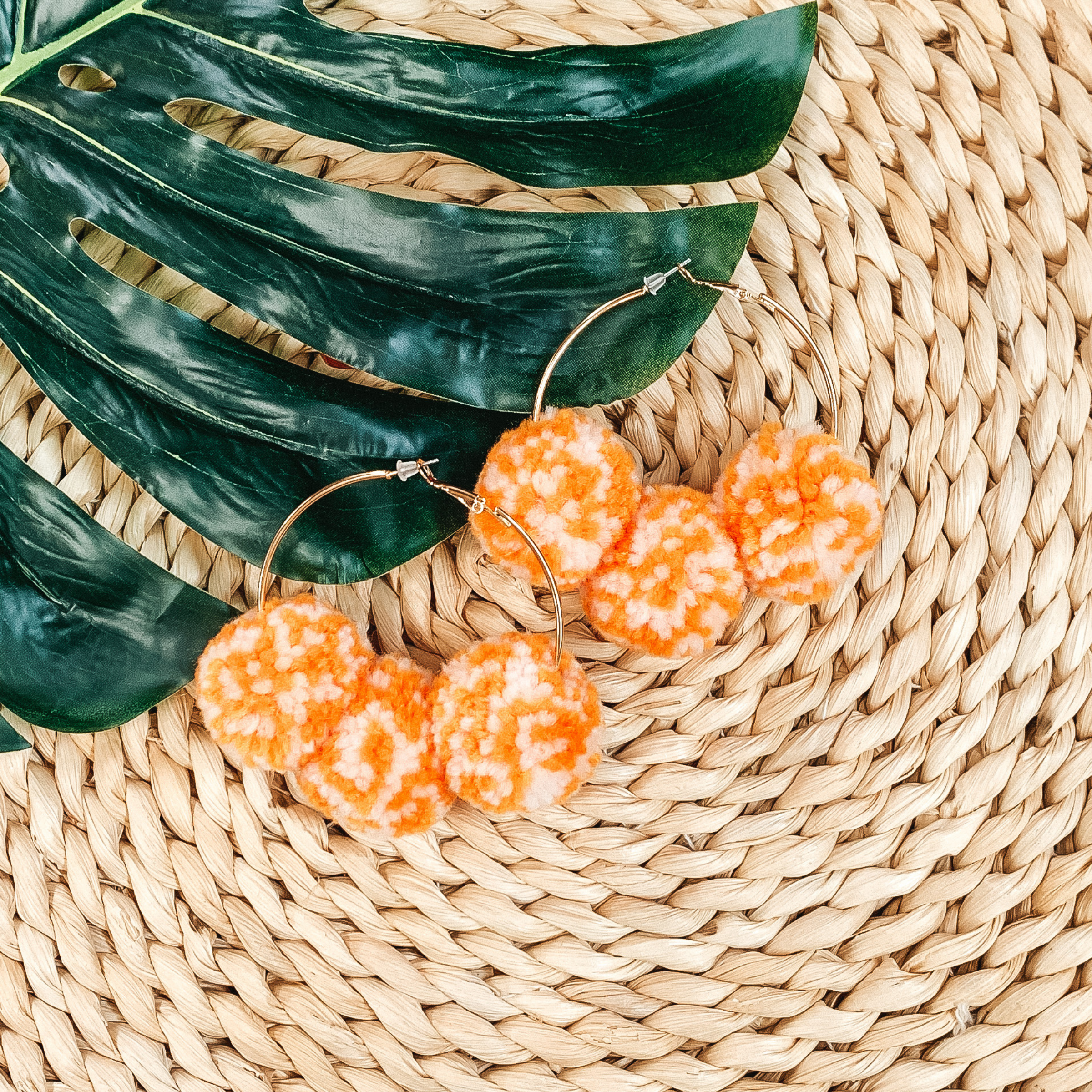 Pom Pom Hoop Earrings in Orange/White - Giddy Up Glamour Boutique
