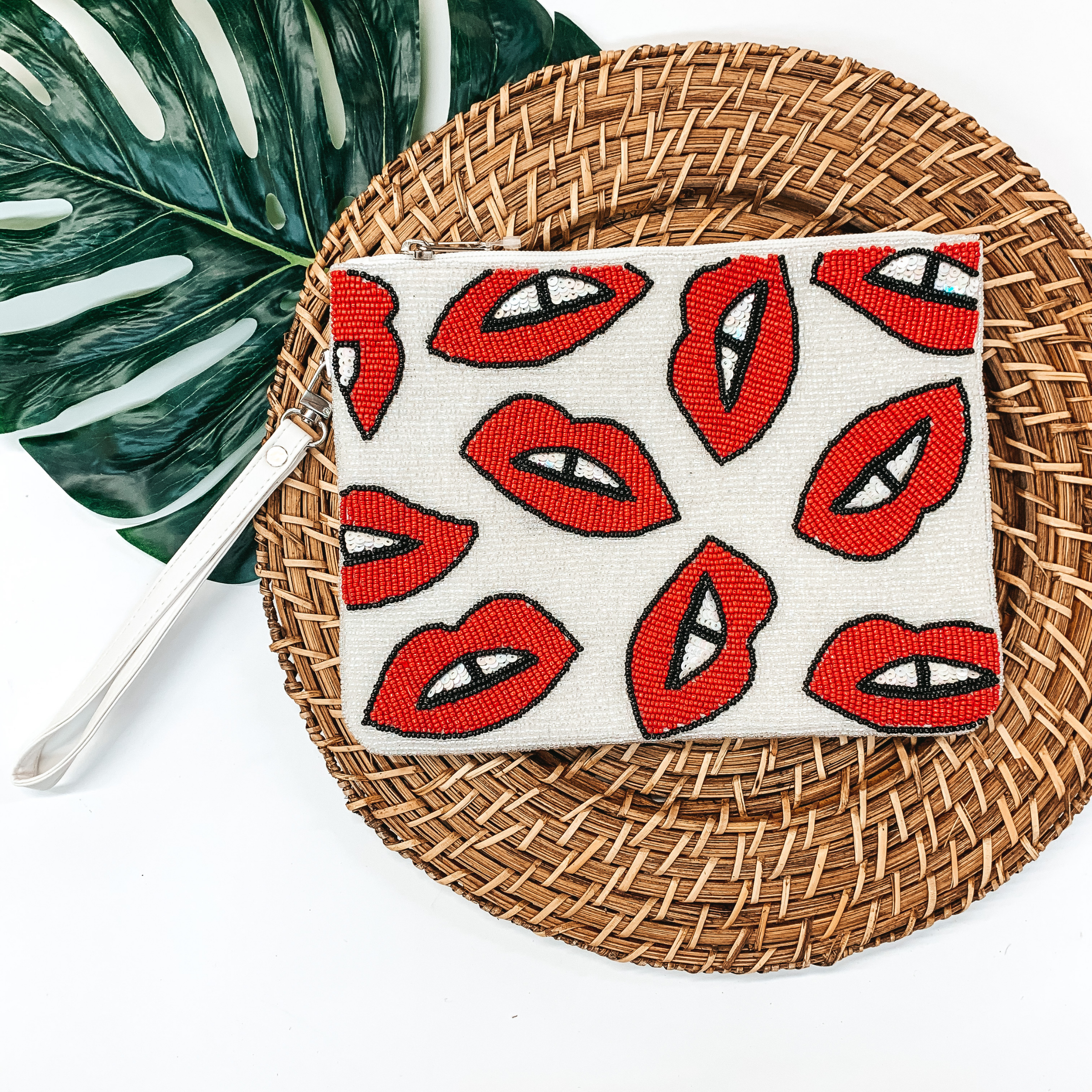 Multi Red Lip Seed Beaded Clutch in White - Giddy Up Glamour Boutique