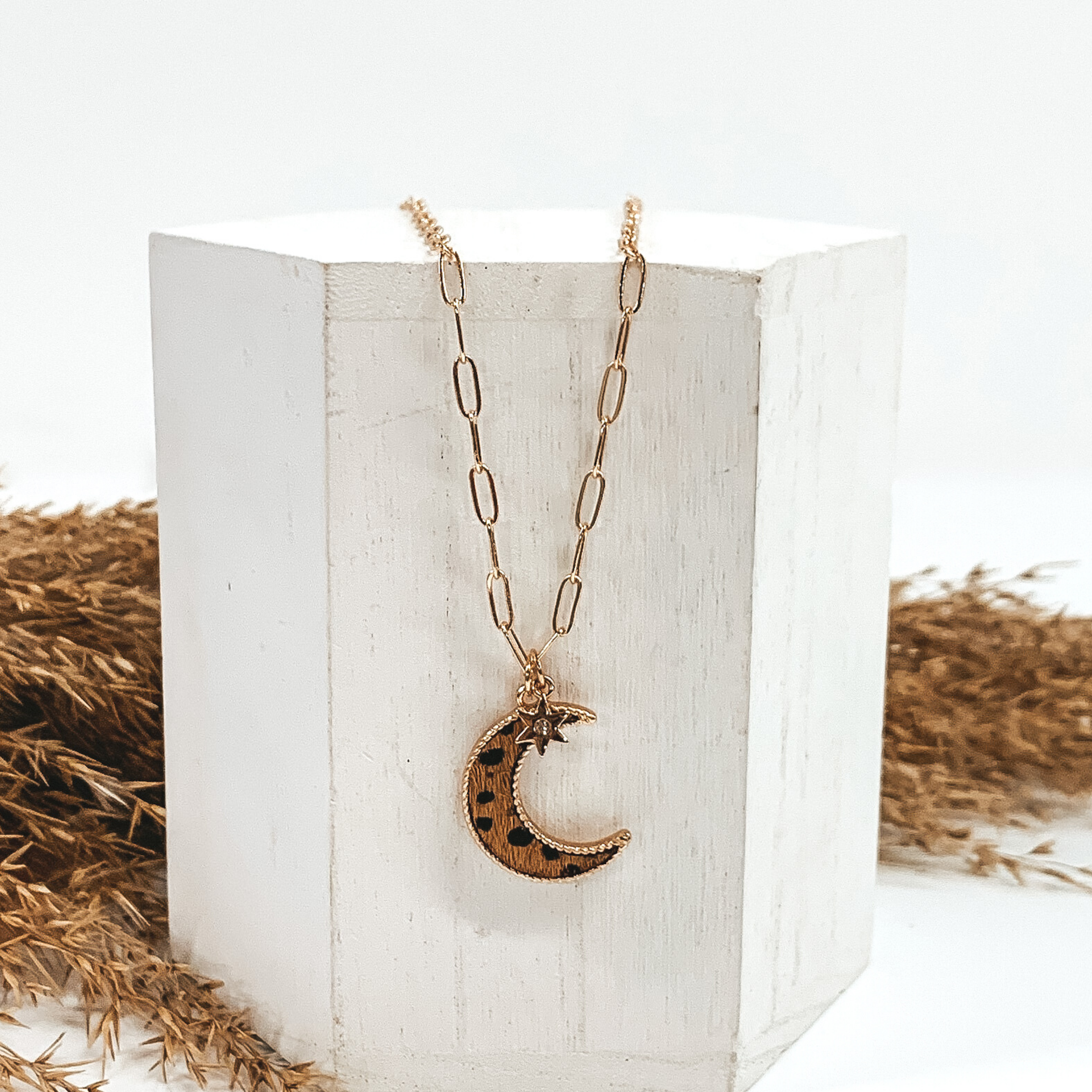 Gold Paperclip Chain Necklace with Moon Pendant and Star Charm in Brown Dotted Print - Giddy Up Glamour Boutique