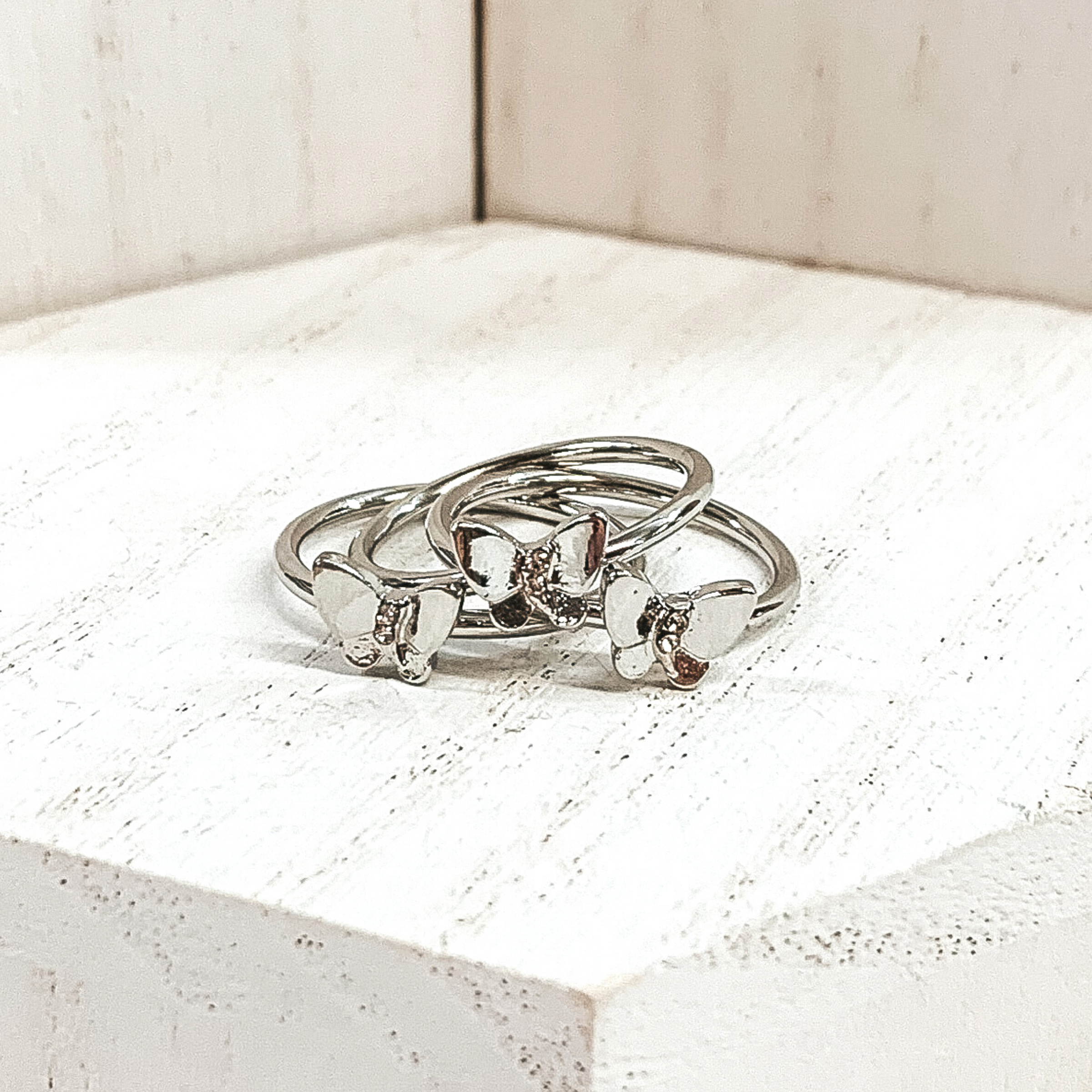 Set of 3 | Butterfly Ring Set in Silver Tone - Giddy Up Glamour Boutique