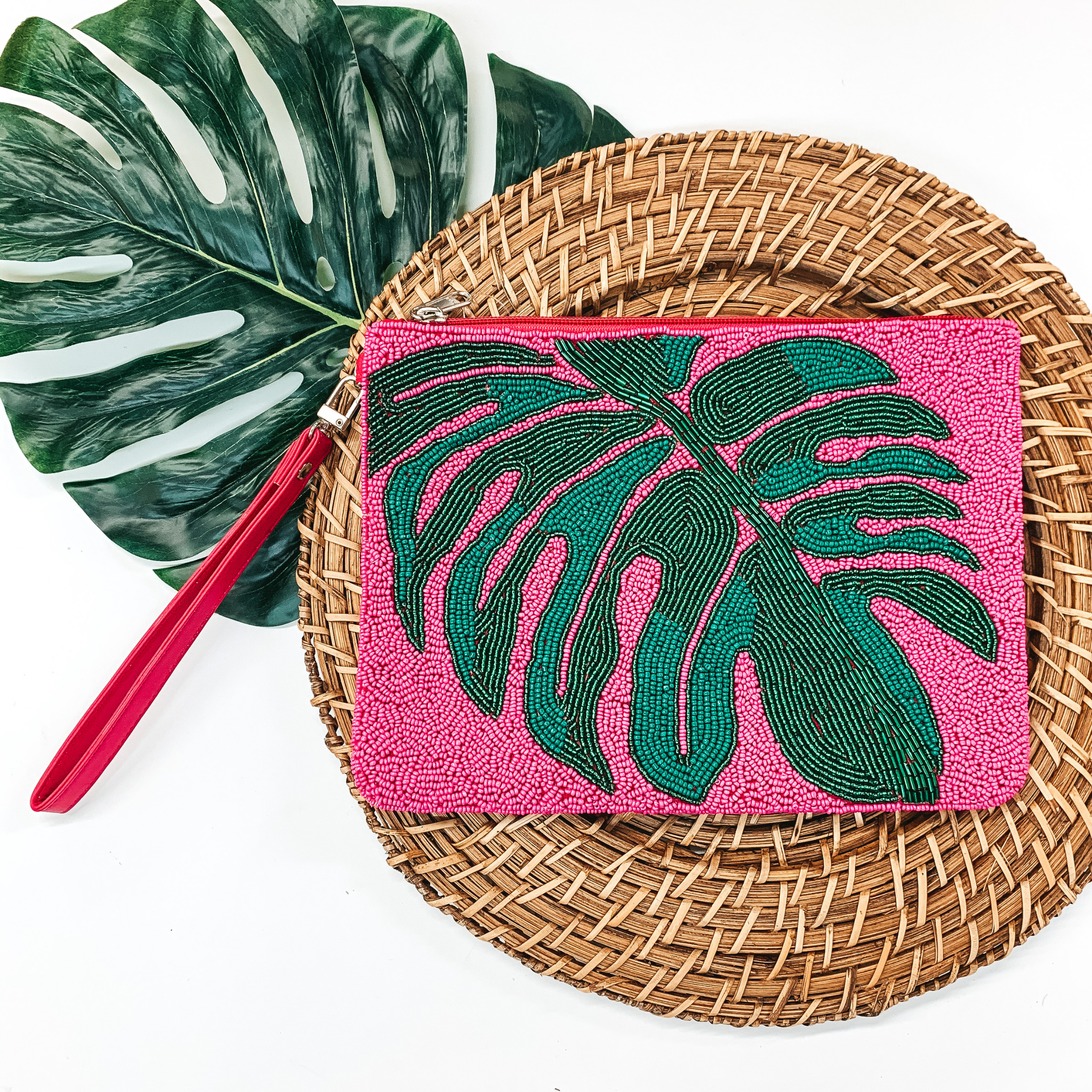 Palm Leaf Seed Beaded Clutch in Fuchsia - Giddy Up Glamour Boutique